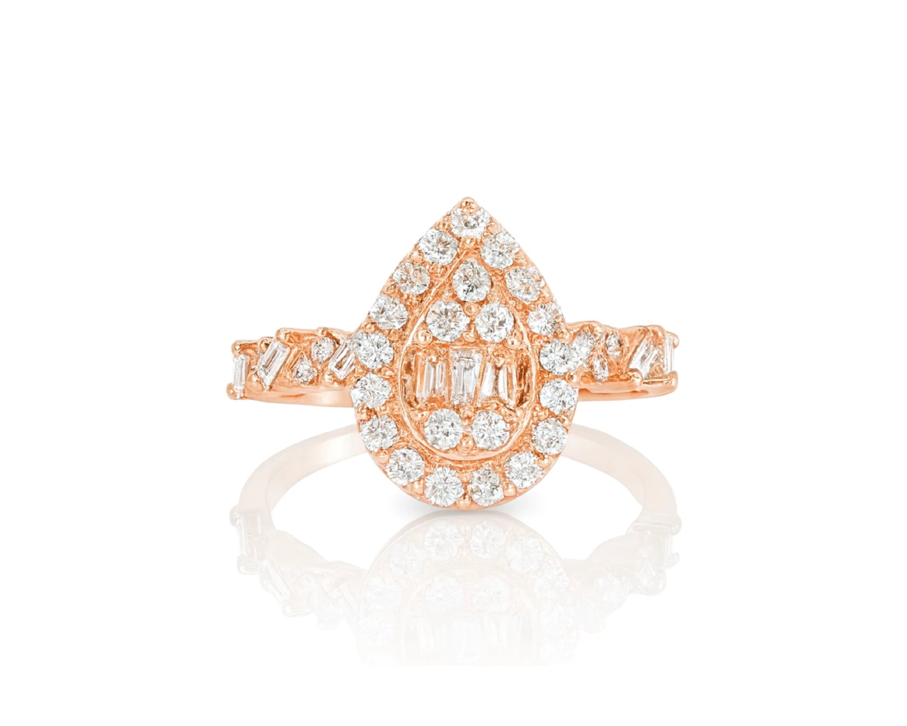 14k Gold Diamond Pear-Shaped Halo Ring with Baguette & Round 1.25ct – lifestyle 1043