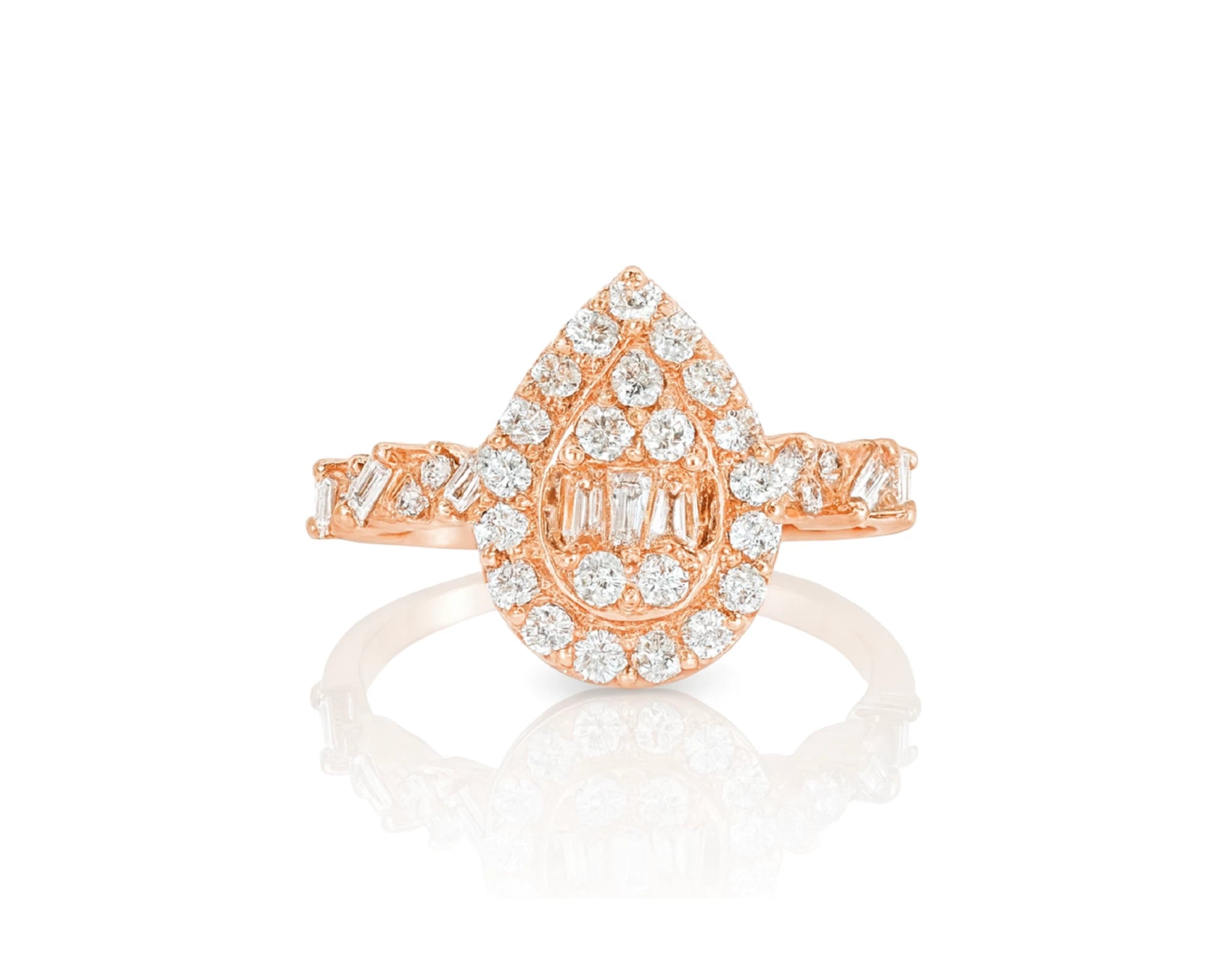 14k Gold Diamond Pear-Shaped Halo Ring with Baguette & Round 1.25ct – lifestyle 1043