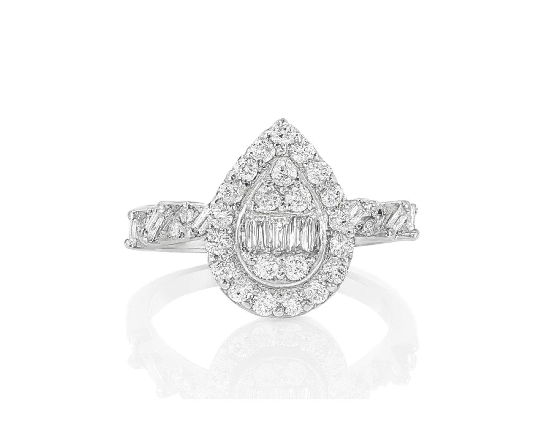 14k Gold Diamond Pear-Shaped Halo Ring with Baguette & Round 1.25ct – lifestyle 1044