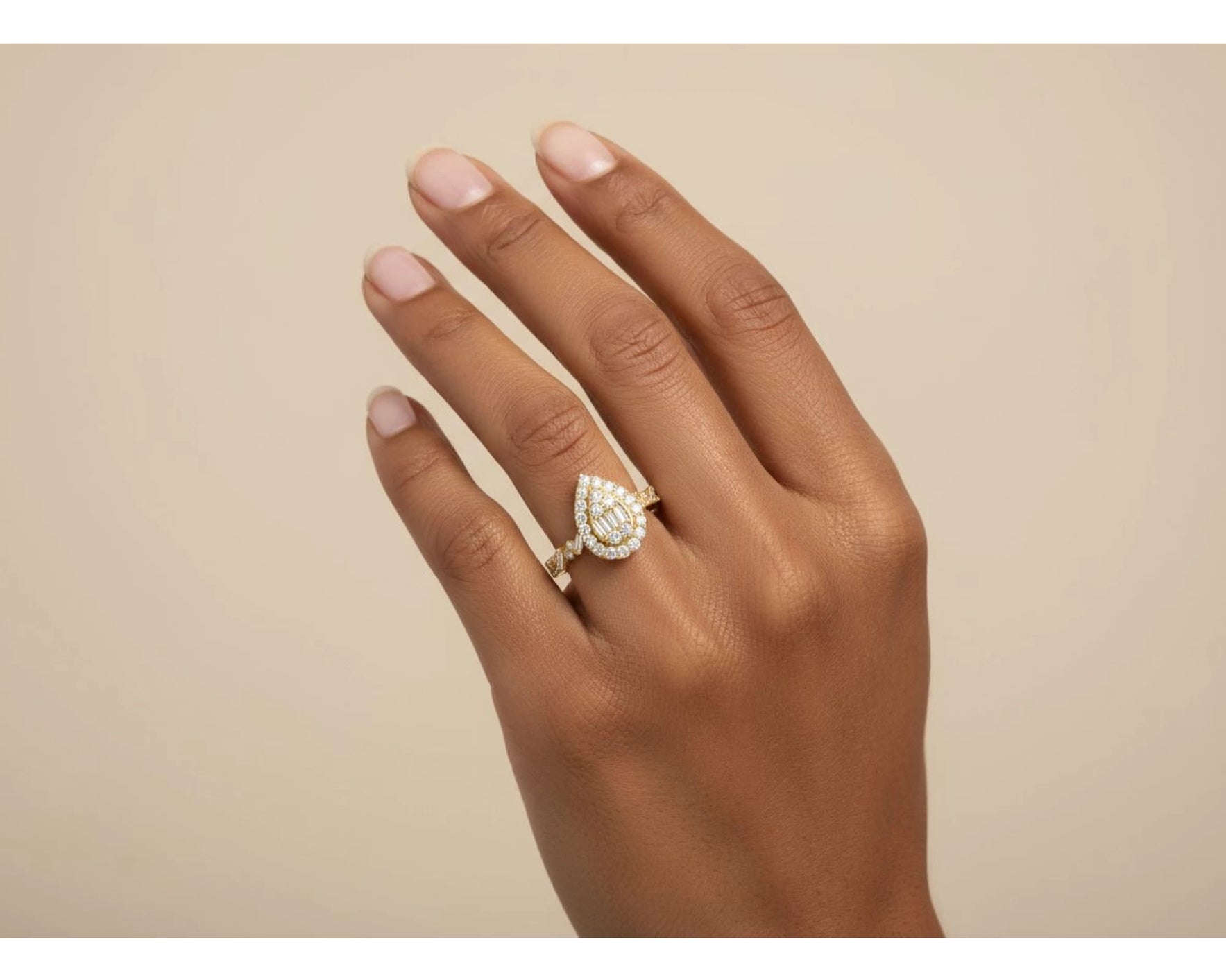 14k Gold Diamond Pear-Shaped Halo Ring with Baguette & Round 1.25ct – view 2