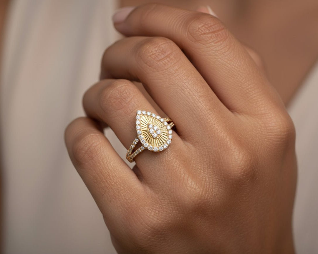 14k Gold Diamond Pear - Shaped Halo Ring with Sunburst Design 0.55ct - AVI THE JEWELER