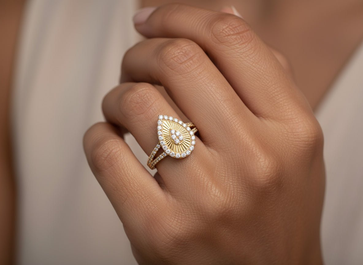 14k Gold Diamond Pear - Shaped Halo Ring with Sunburst Design 0.55ct - AVI THE JEWELER