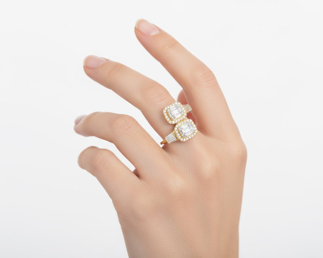 14k Gold Diamond Ring with Dual Emerald - Cut Halo & Baguette 1.05c - AVI THE JEWELER