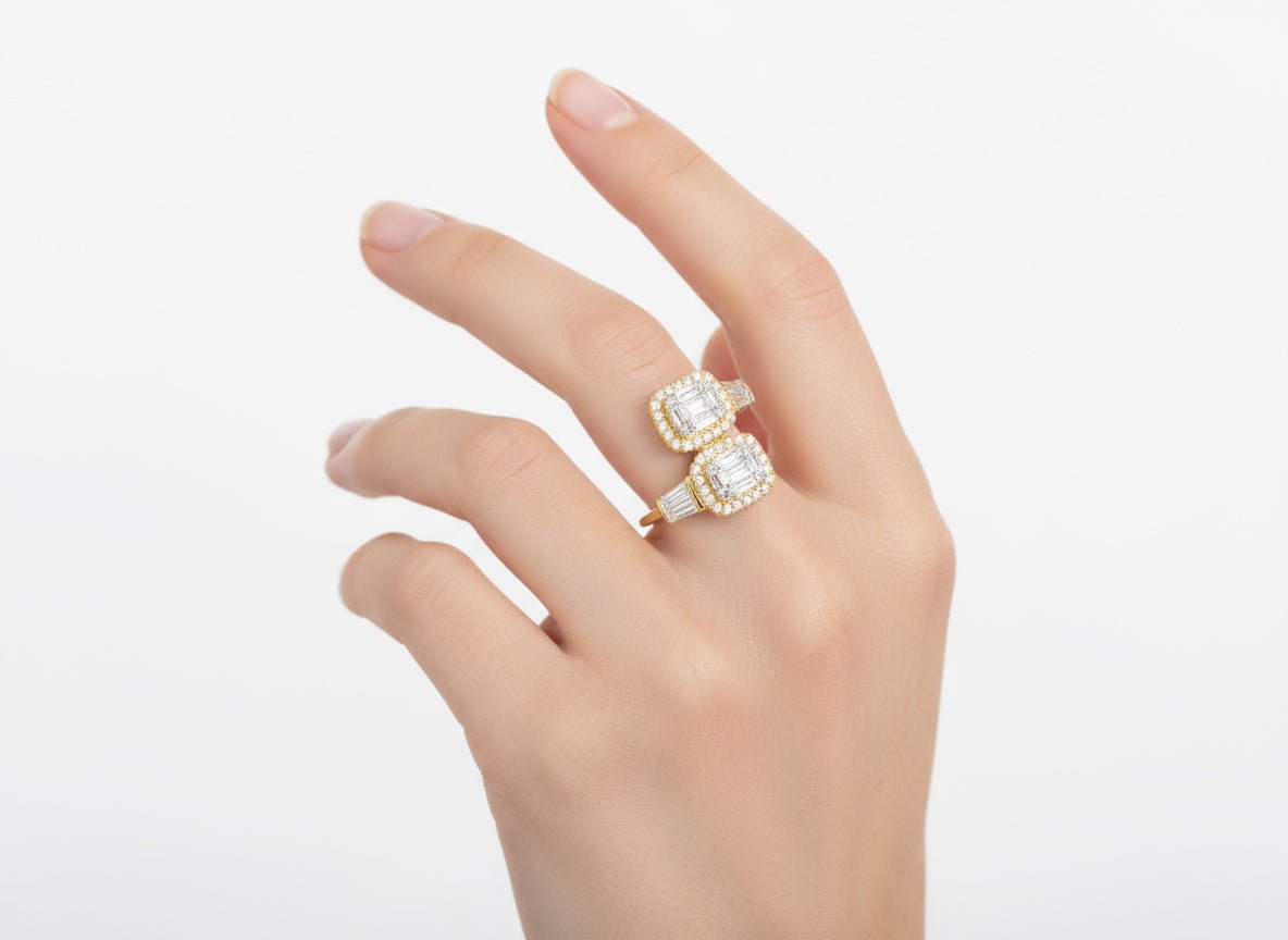 14k Gold Diamond Ring with Dual Emerald - Cut Halo & Baguette 1.05c - AVI THE JEWELER