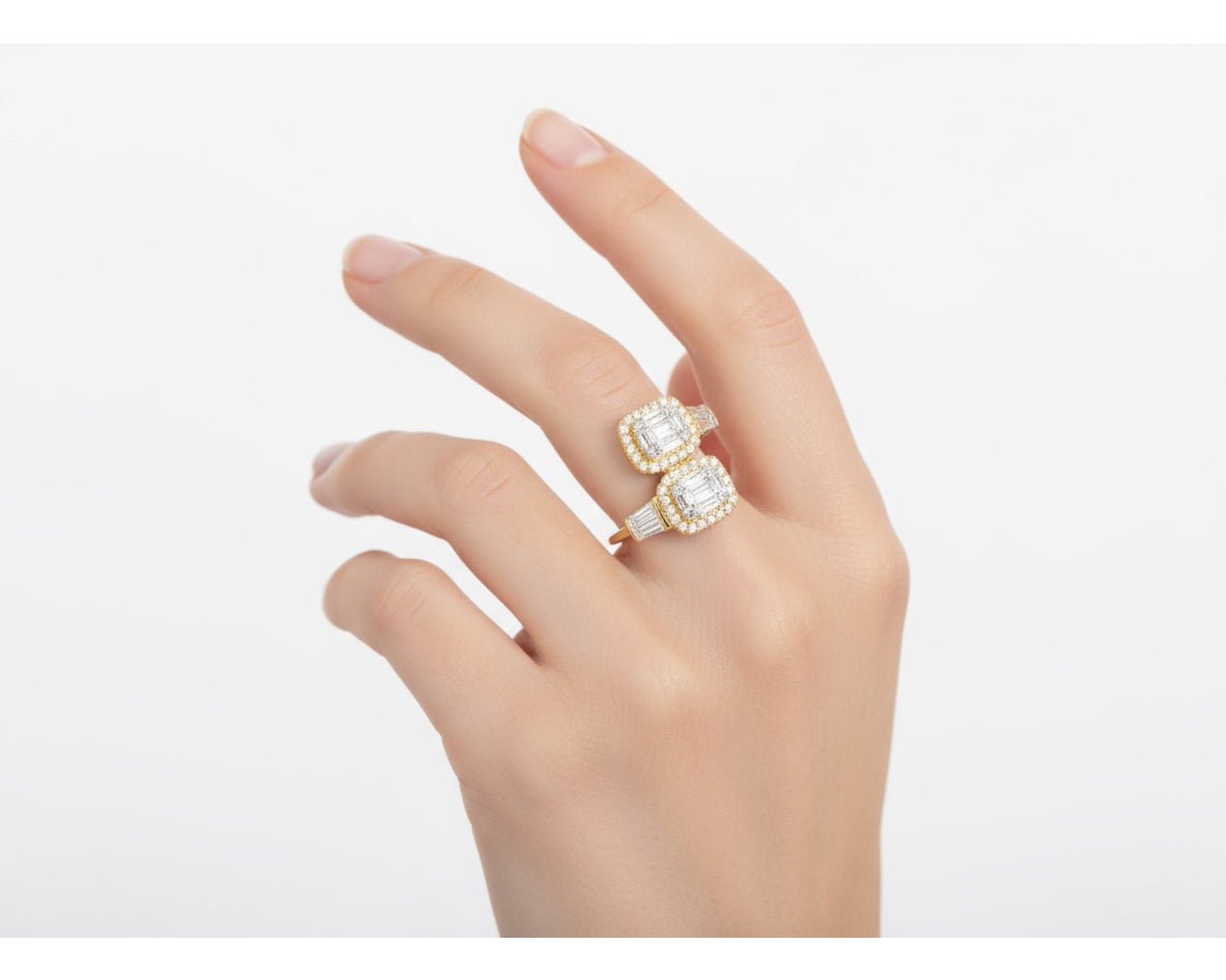 14k Gold Diamond Ring with Dual Emerald-Cut Halo & Baguette 1.05c – view 2
