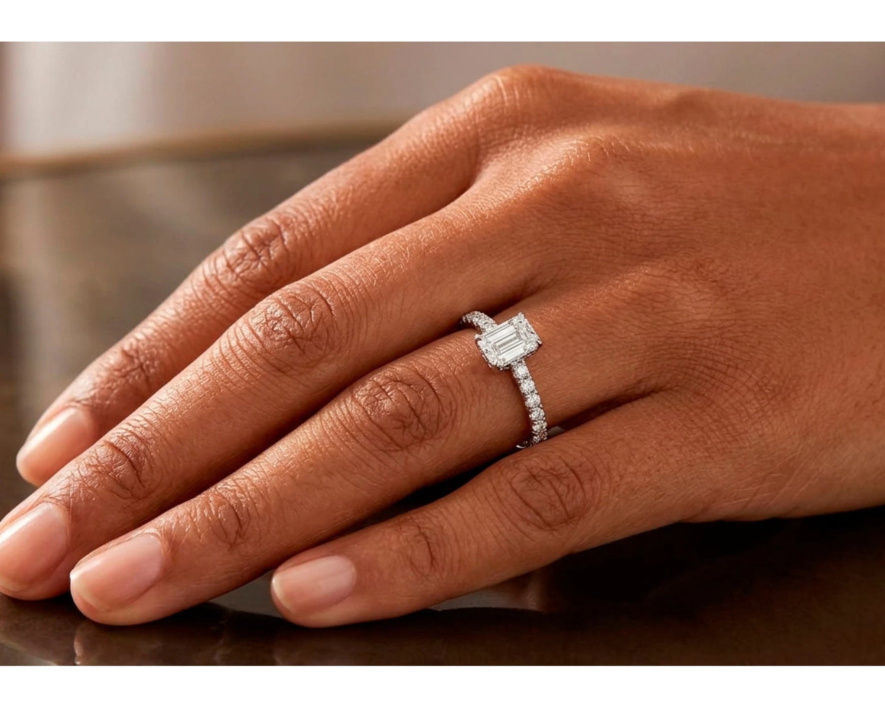 14k Gold Diamond Ring with Emerald-Cut Center and Pavé Band 0.90 CT – view 2