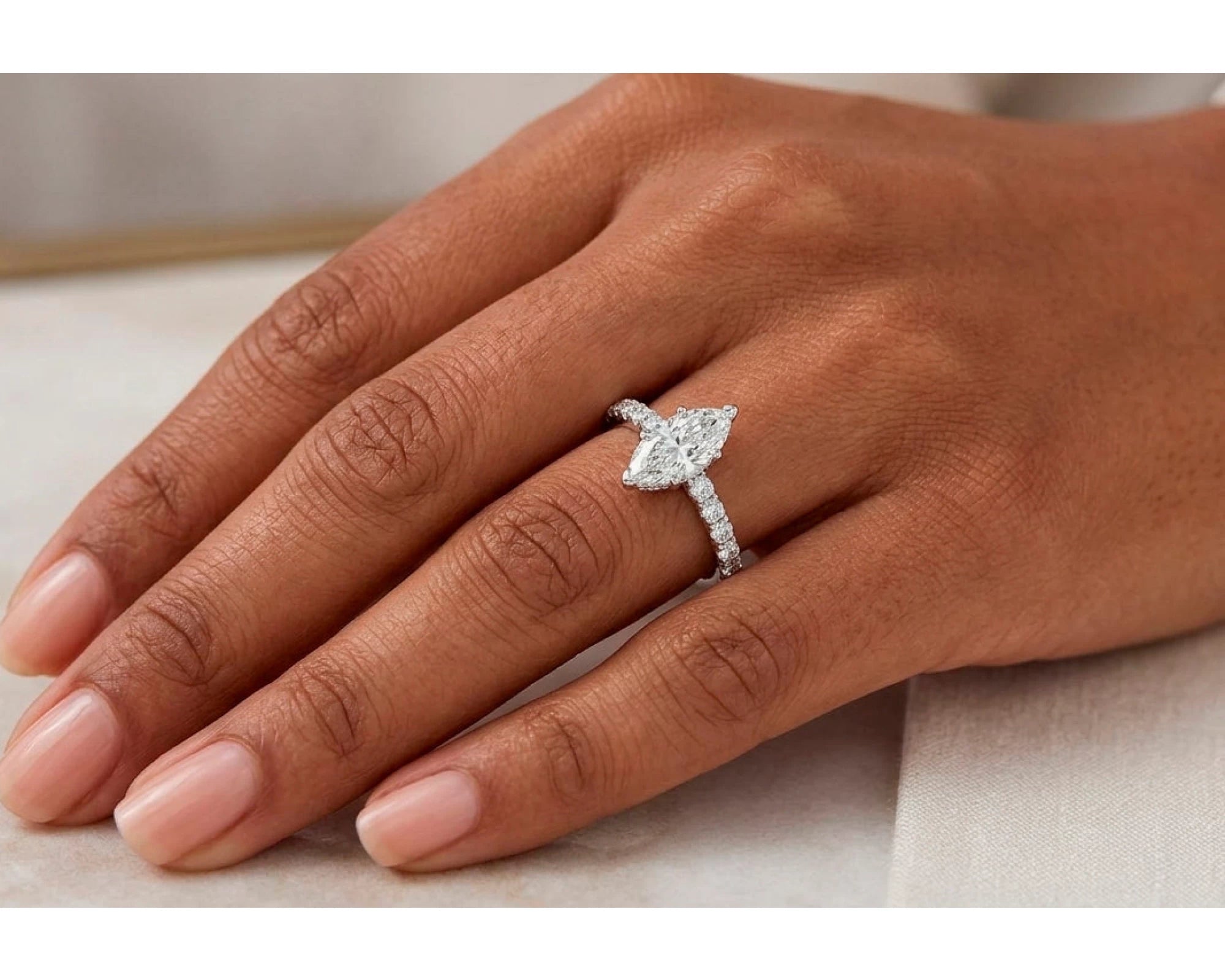 14k Gold Diamond Ring with Marquise-Cut Center & Pavé Band 0.52ct – view 2