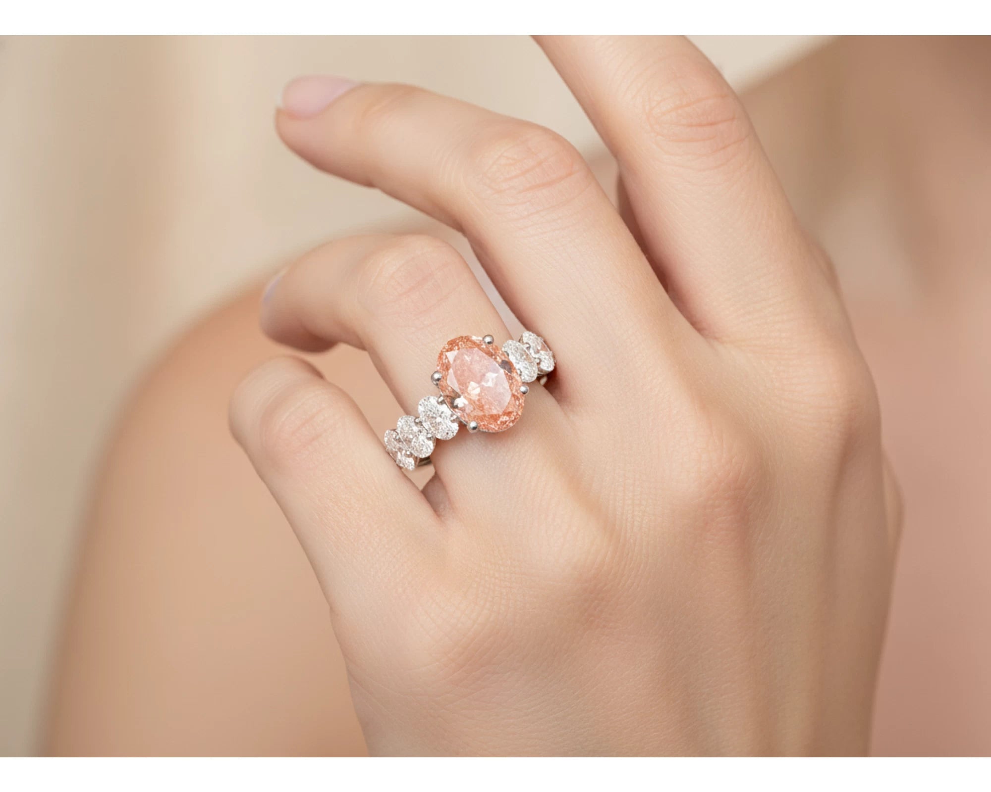 14K Gold Diamond Ring with Oval Pink Center Stone & Oval Side Diamonds Design 8.00ct – lifestyle 2016