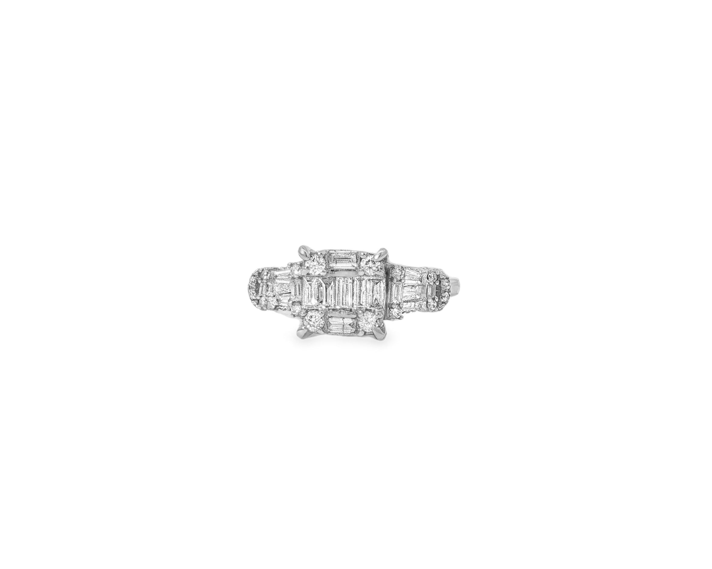 14k Gold Diamond Ring with Rectangular Baguette Cluster & Round 0.90ct - AVI THE JEWELER