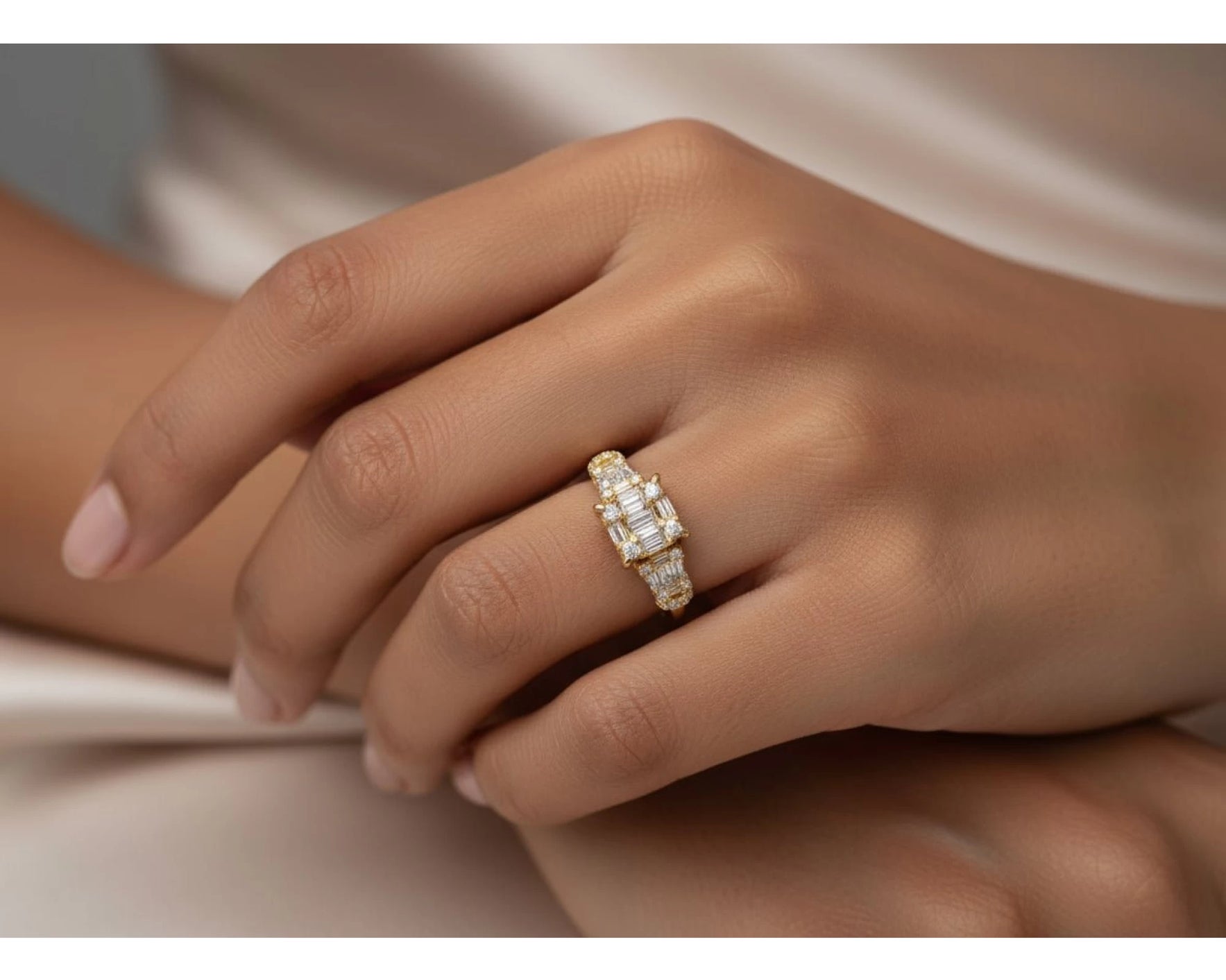 14k Gold Diamond Ring with Rectangular Baguette Cluster & Round 0.90ct – view 2