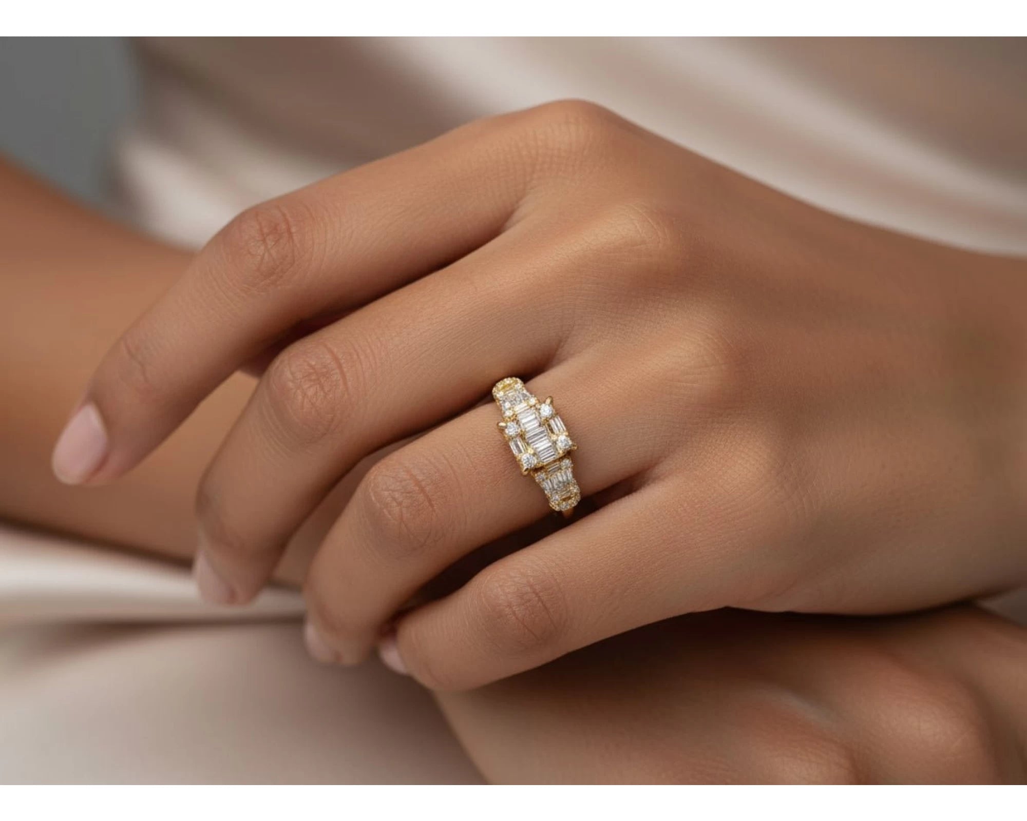 14k Gold Diamond Ring with Rectangular Baguette Cluster & Round 0.90ct – view 2