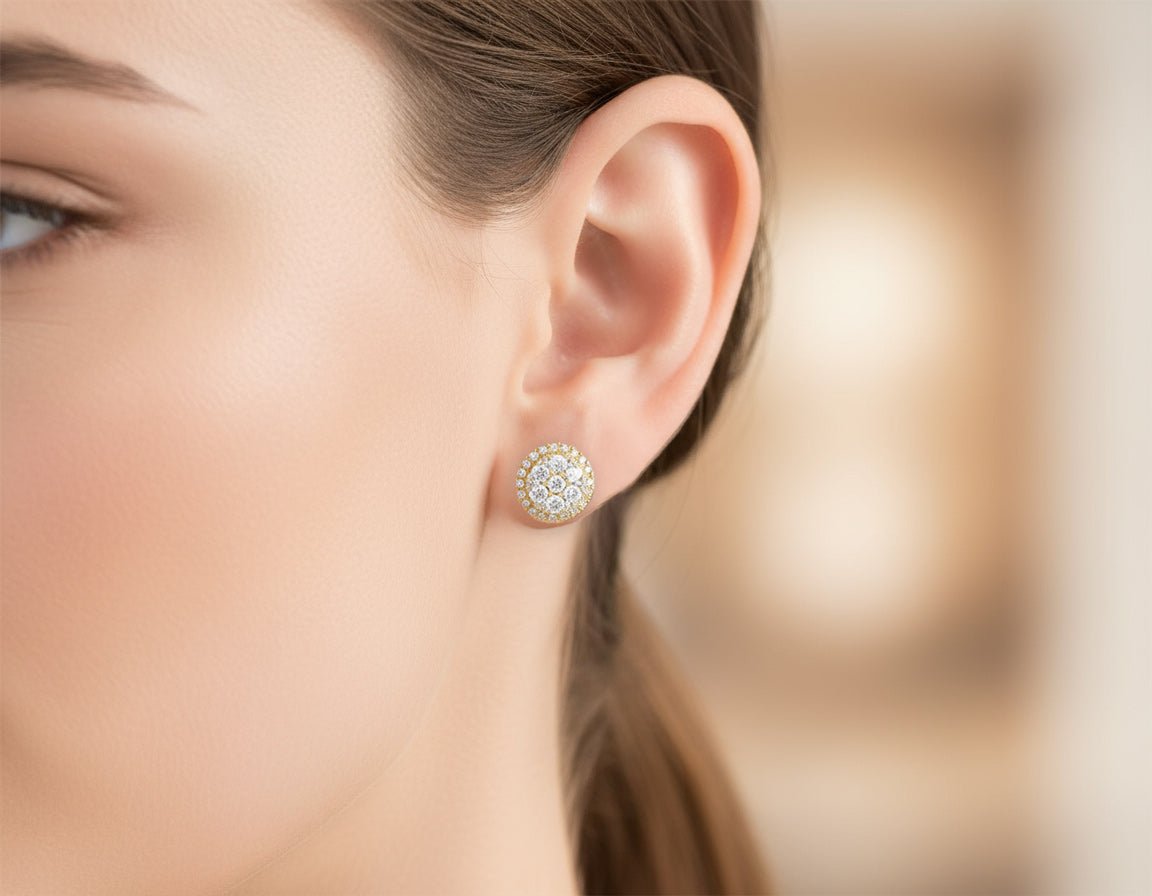 14k Gold Diamond Round Cluster Earrings with Halo Double Row Design 1.03ct - AVI THE JEWELER