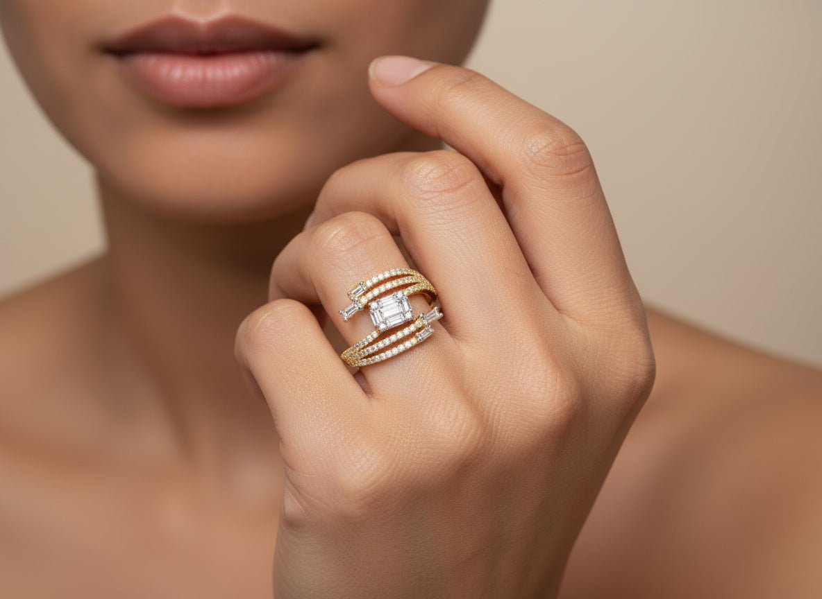 14k Gold Diamond Split - Shank Ring with Emerald - Cut & Baguette 0.80ct - AVI THE JEWELER