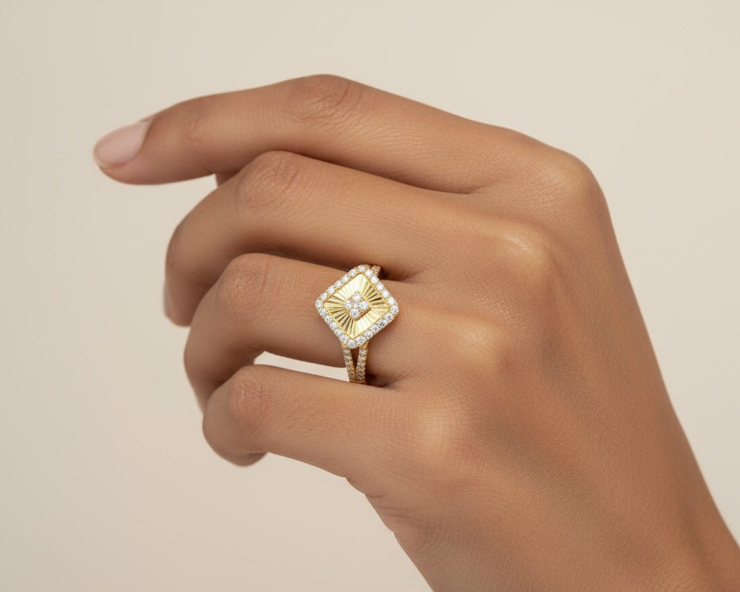 14k Gold Diamond Square Halo Ring with Radiant Sunburst 0.60ct - AVI THE JEWELER