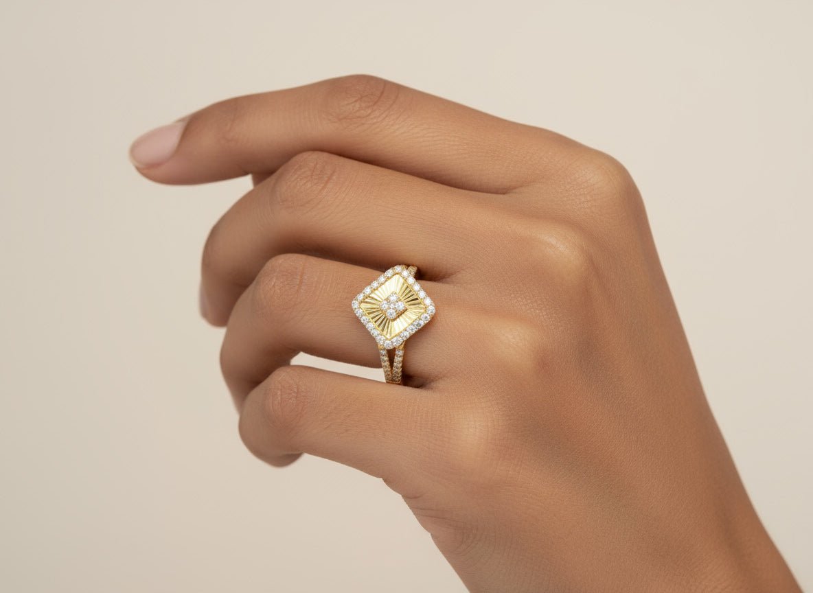 14k Gold Diamond Square Halo Ring with Radiant Sunburst 0.60ct - AVI THE JEWELER