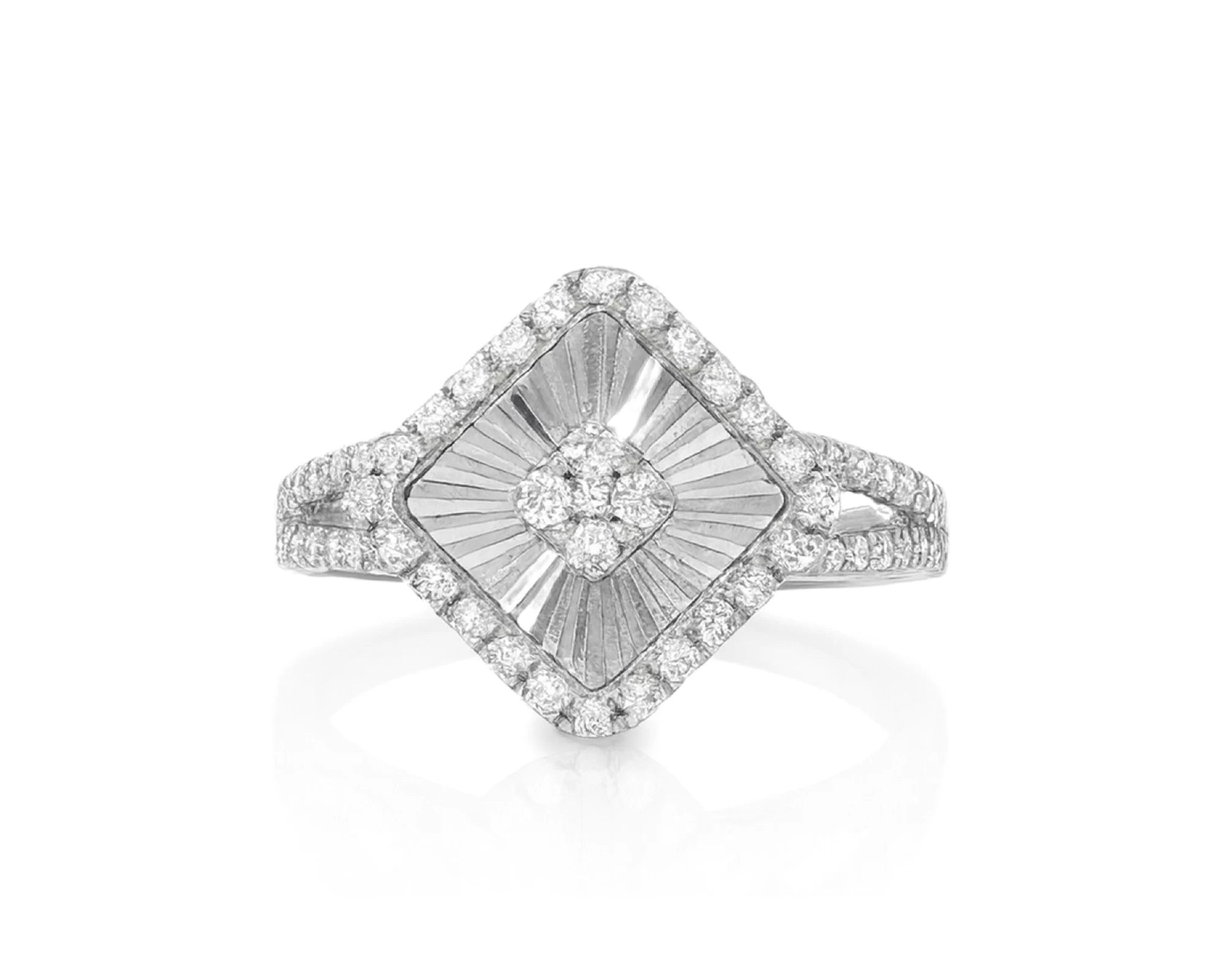 14k Gold Diamond Square Halo Ring with Radiant Sunburst 0.60ct – lifestyle 1437