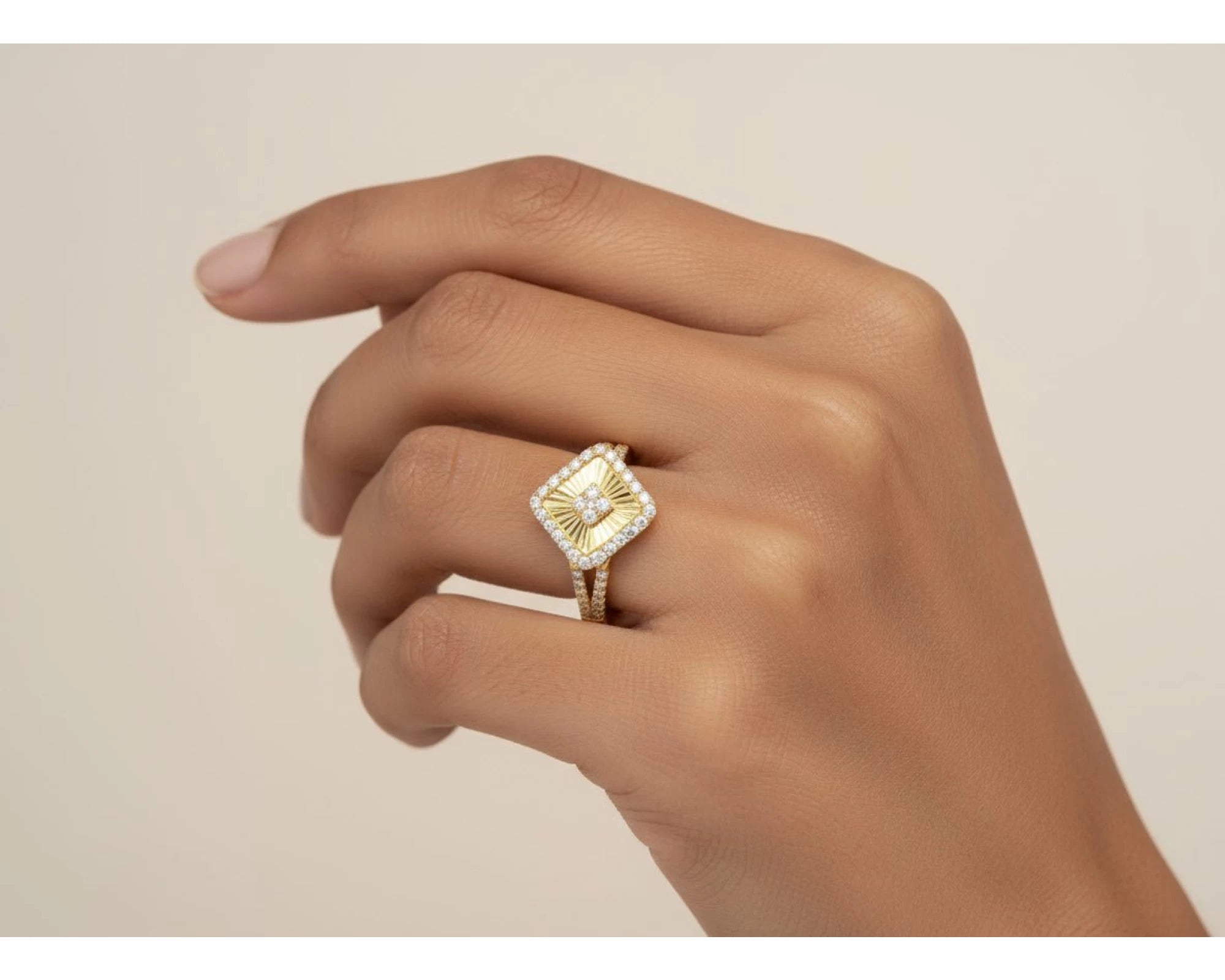 14k Gold Diamond Square Halo Ring with Radiant Sunburst 0.60ct – view 2