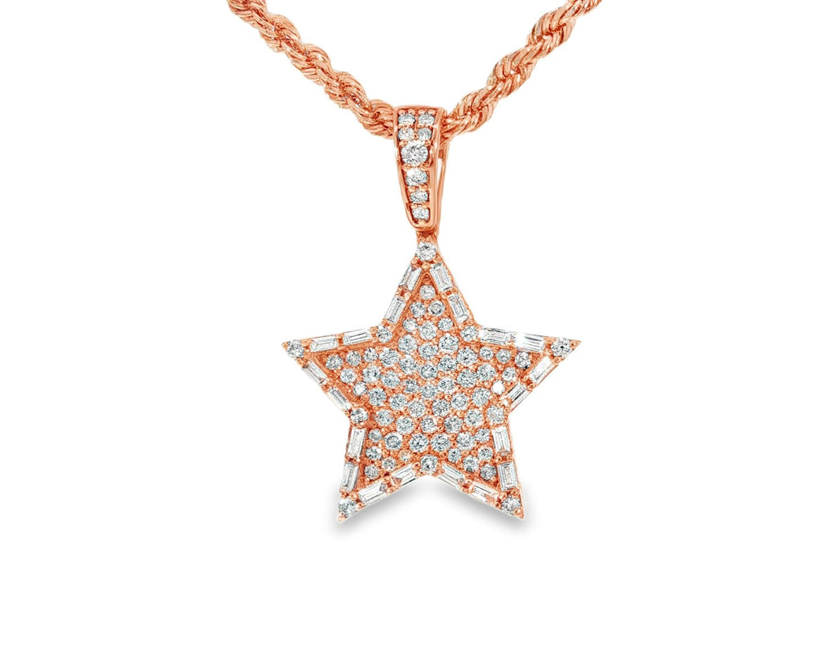 14k Gold Diamond Star Pendant with Round & Baguette Accents 1.75ct - AVI THE JEWELER