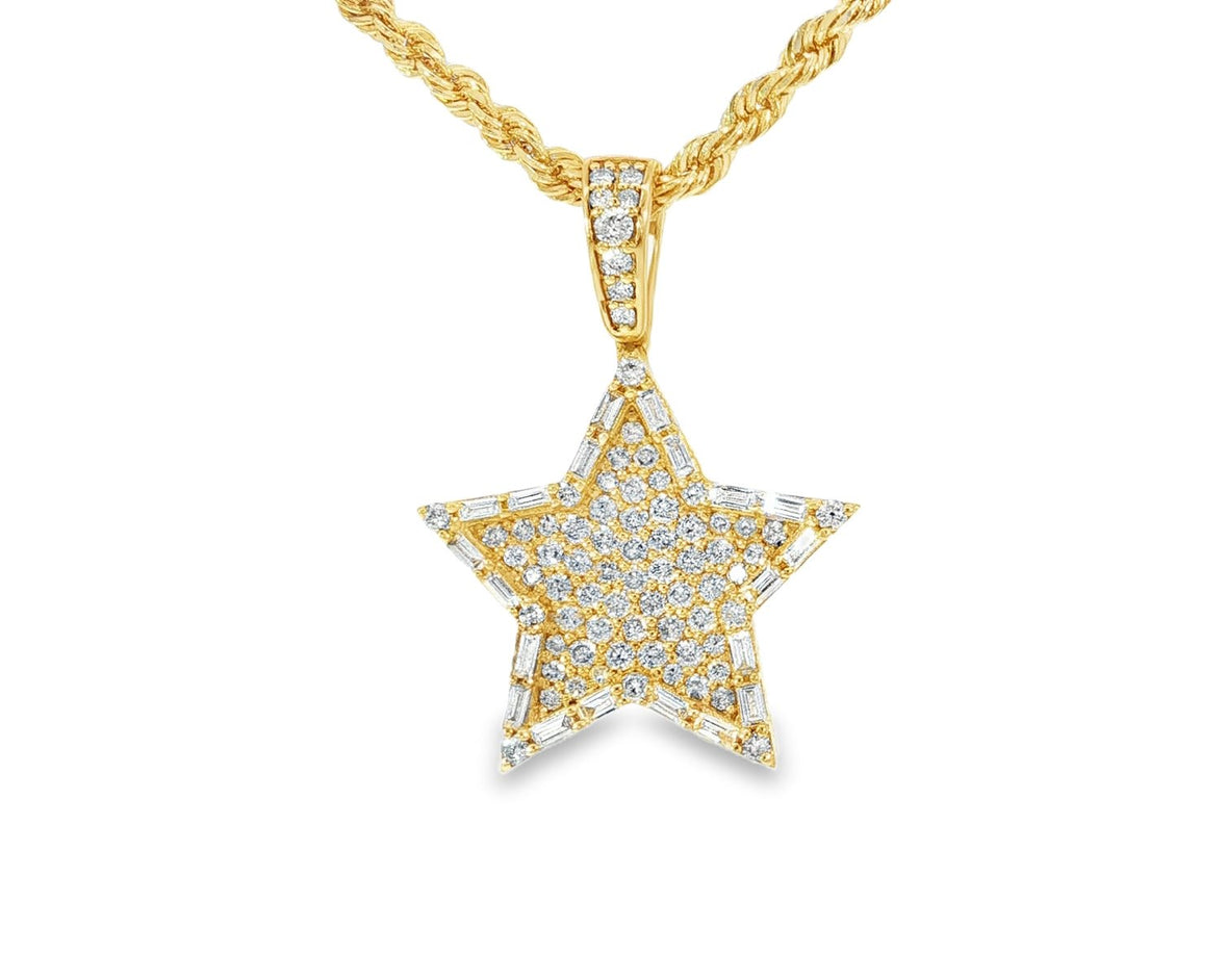14k Gold Diamond Star Pendant with Round & Baguette Accents 1.75ct - AVI THE JEWELER