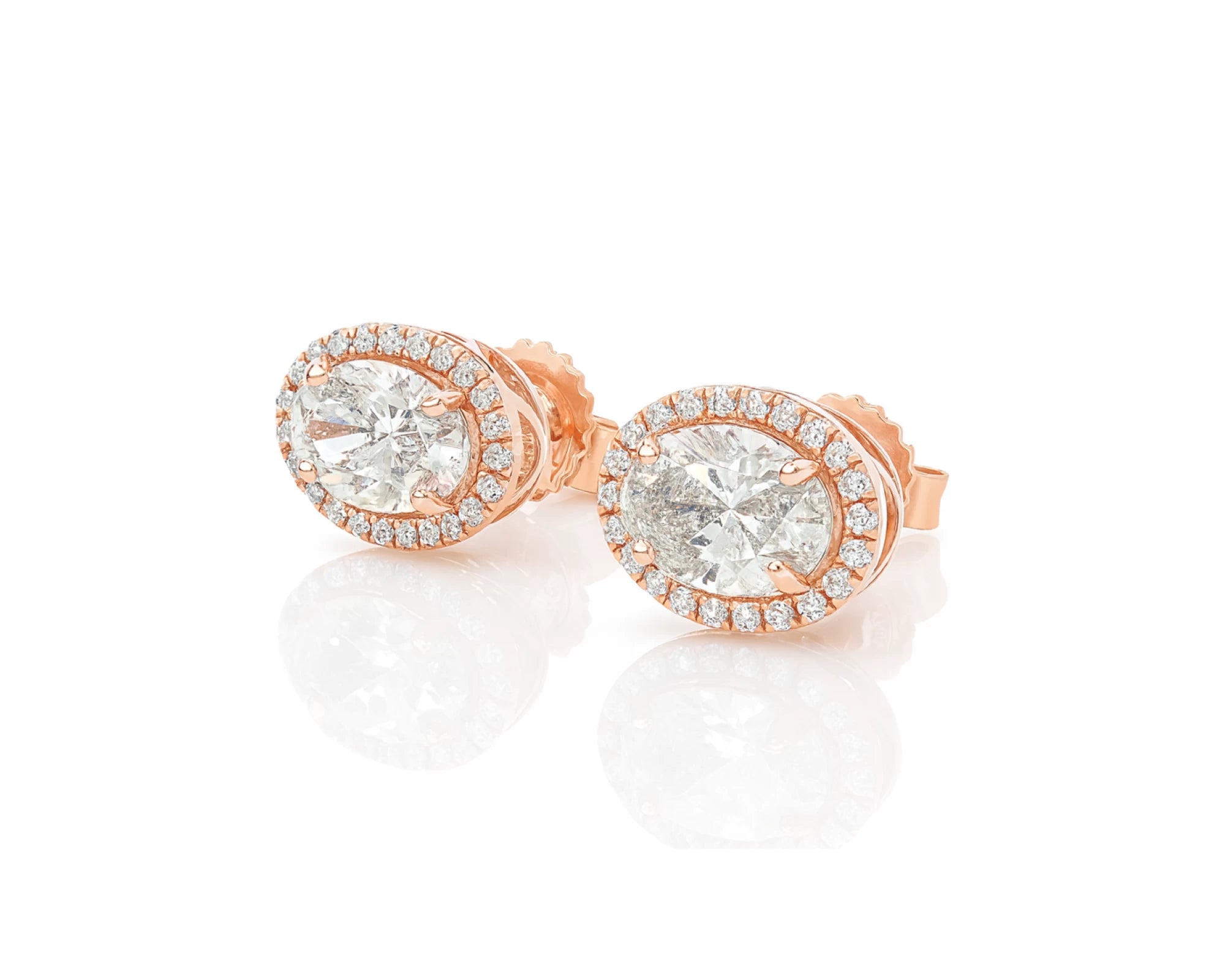 14k Gold Diamond Stud Earrings with Oval-Cut Center & Halo Design 2.50ct – lifestyle 3314