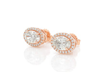 14k Gold Diamond Stud Earrings with Oval-Cut Center & Halo Design 2.50ct