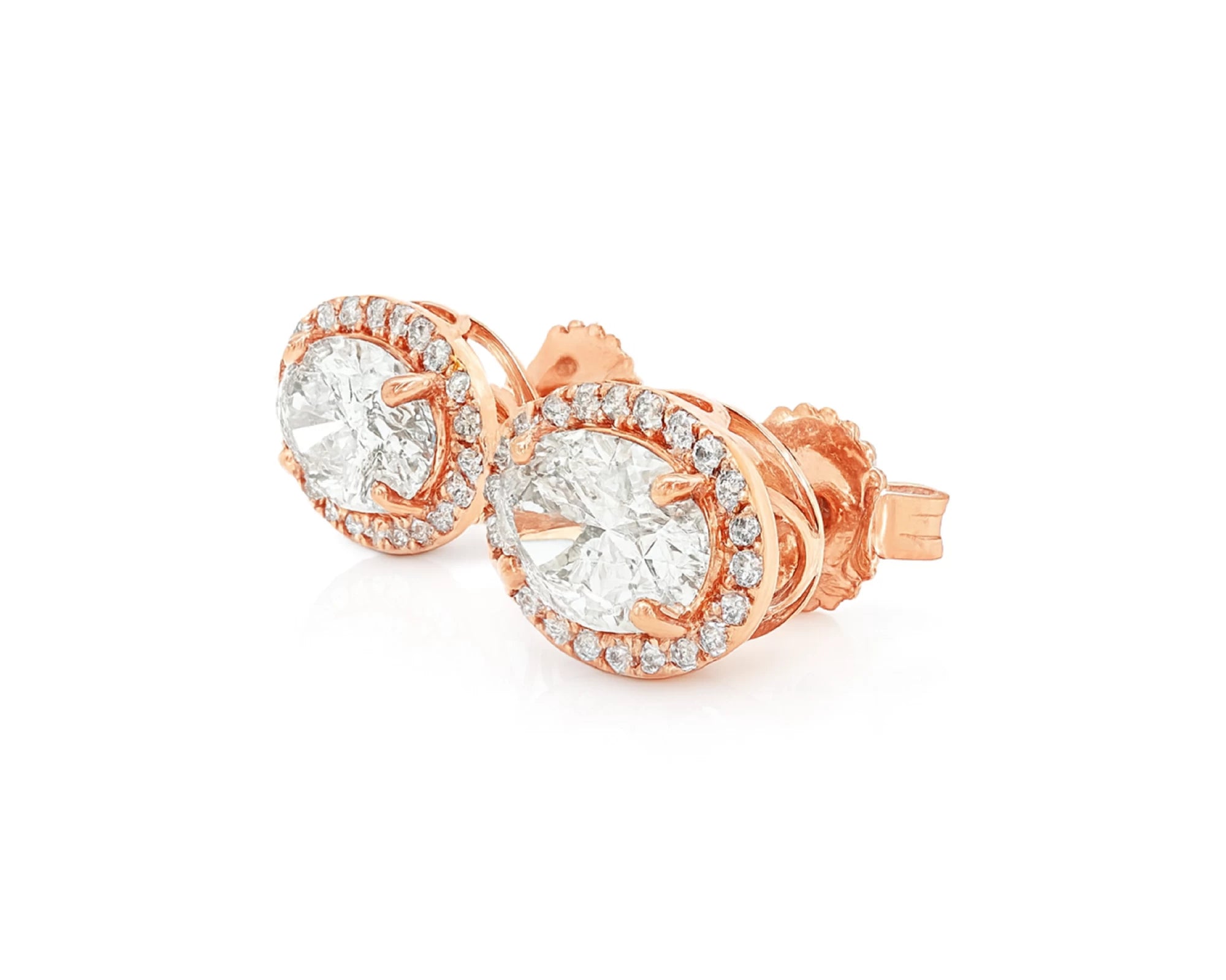 14k Gold Diamond Stud Earrings with Oval-Cut Center & Halo Design 2.50ct – lifestyle 3318