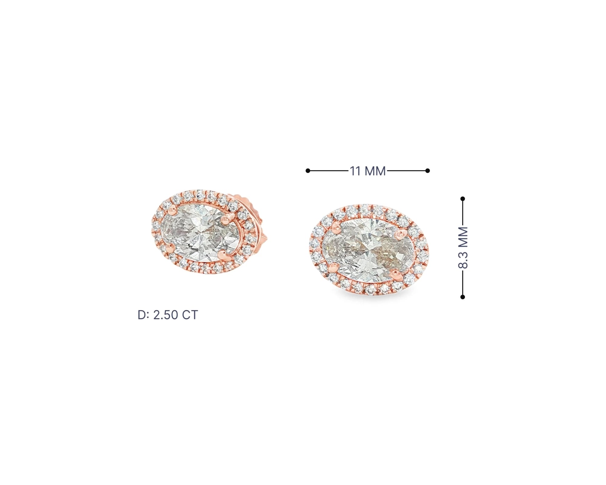 14k Gold Diamond Stud Earrings with Oval-Cut Center & Halo Design 2.50ct – view 6