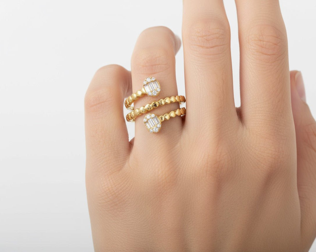 14k Gold Diamond Twisted Bypass Ring with Baguette & Round 0.35ct - AVI THE JEWELER