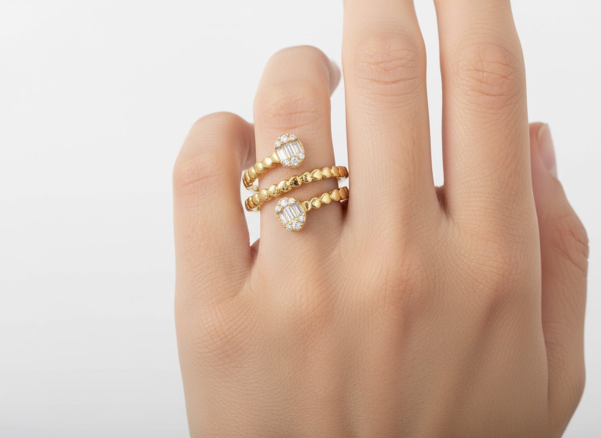 14k Gold Diamond Twisted Bypass Ring with Baguette & Round 0.35ct - AVI THE JEWELER