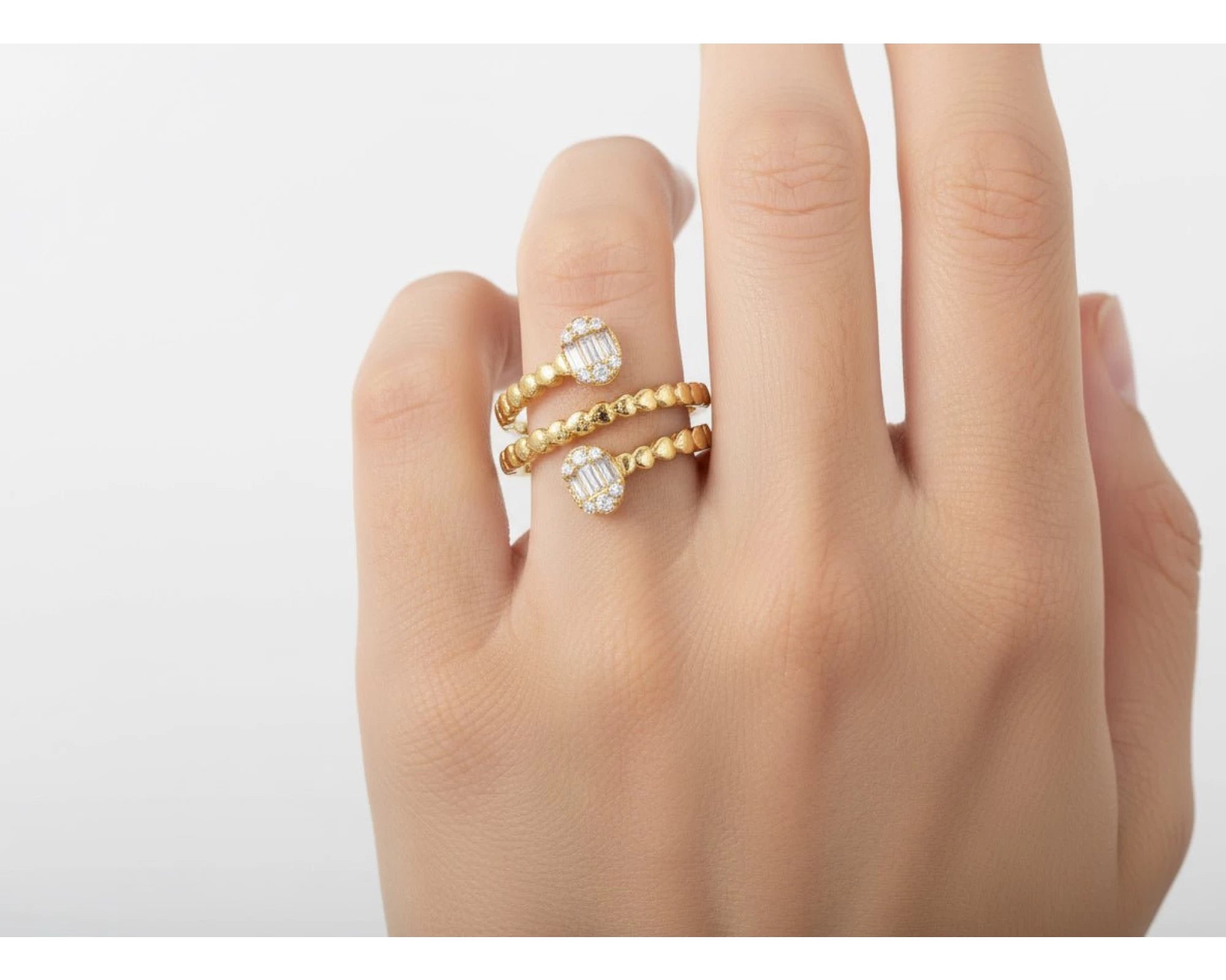 14k Gold Diamond Twisted Bypass Ring with Baguette & Round 0.35ct – view 2