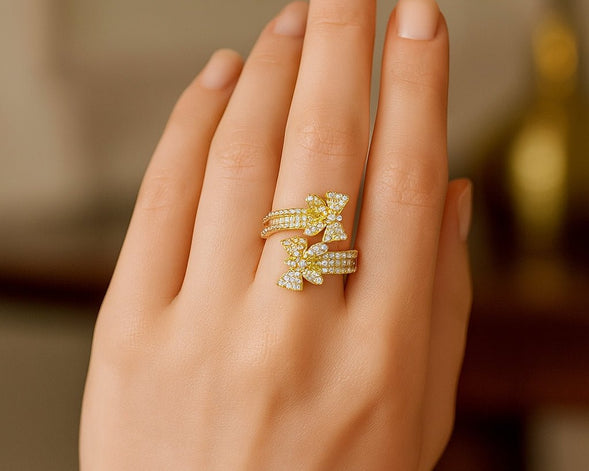 14k Gold Double - Butterfly Wrap Ring with Round & Baguette Diamonds 1.00ct - AVI THE JEWELER