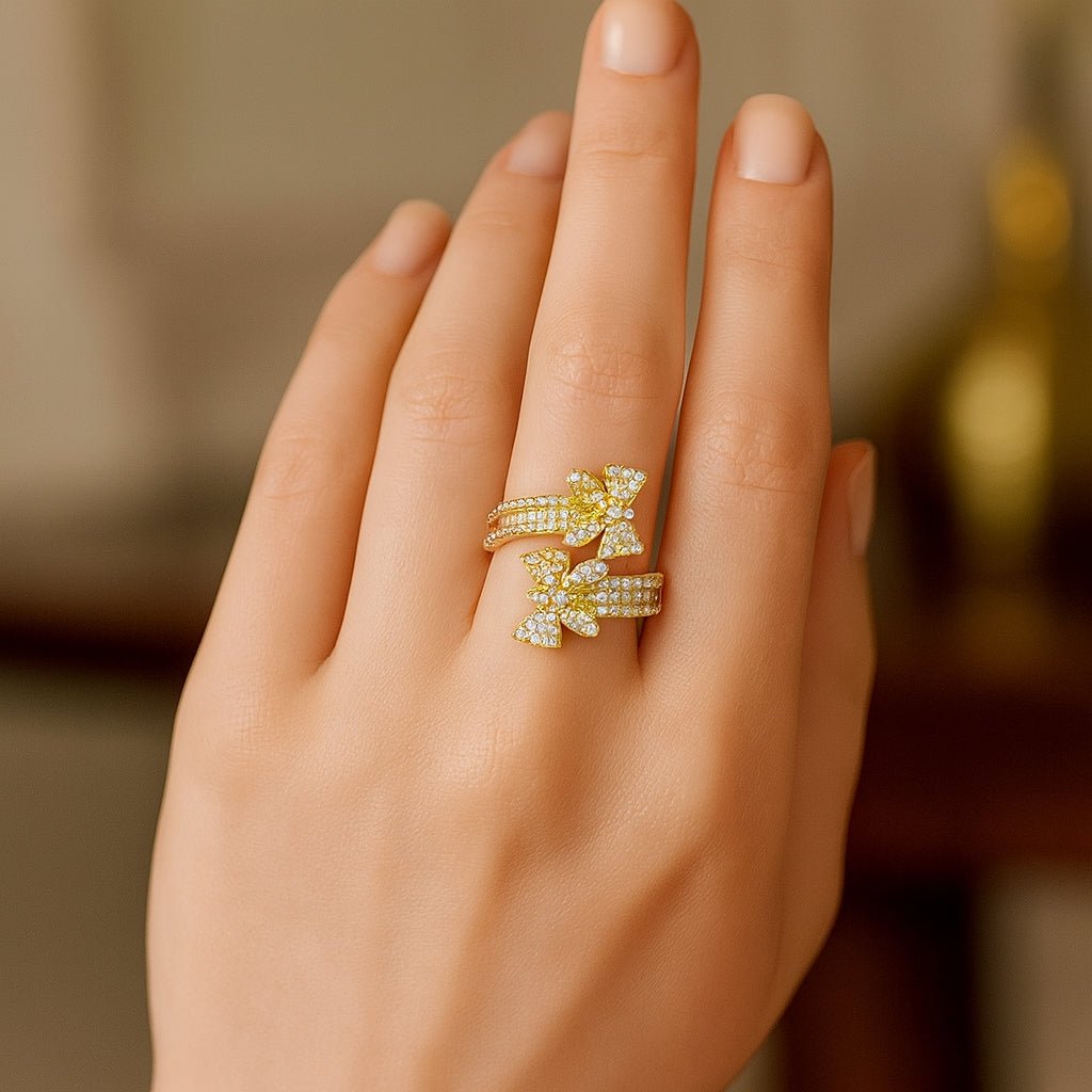 14k Gold Double - Butterfly Wrap Ring with Round & Baguette Diamonds 1.00ct - AVI THE JEWELER