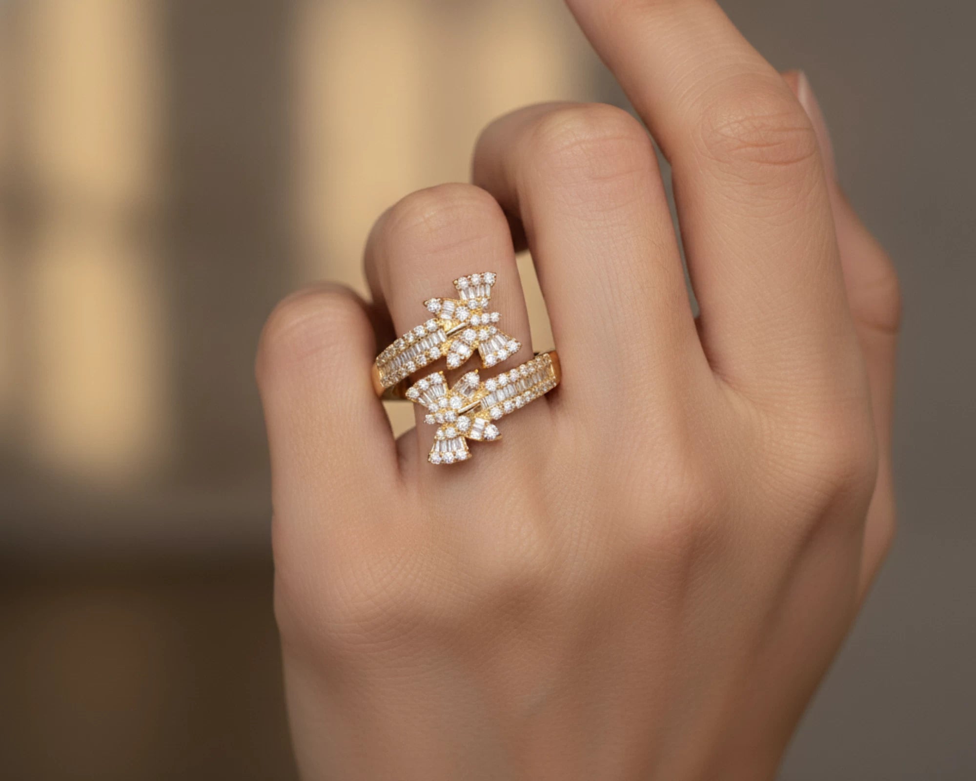 14k Gold Double-Butterfly Wrap Ring with Round & Baguette Diamonds 1.00ct – lifestyle 1667