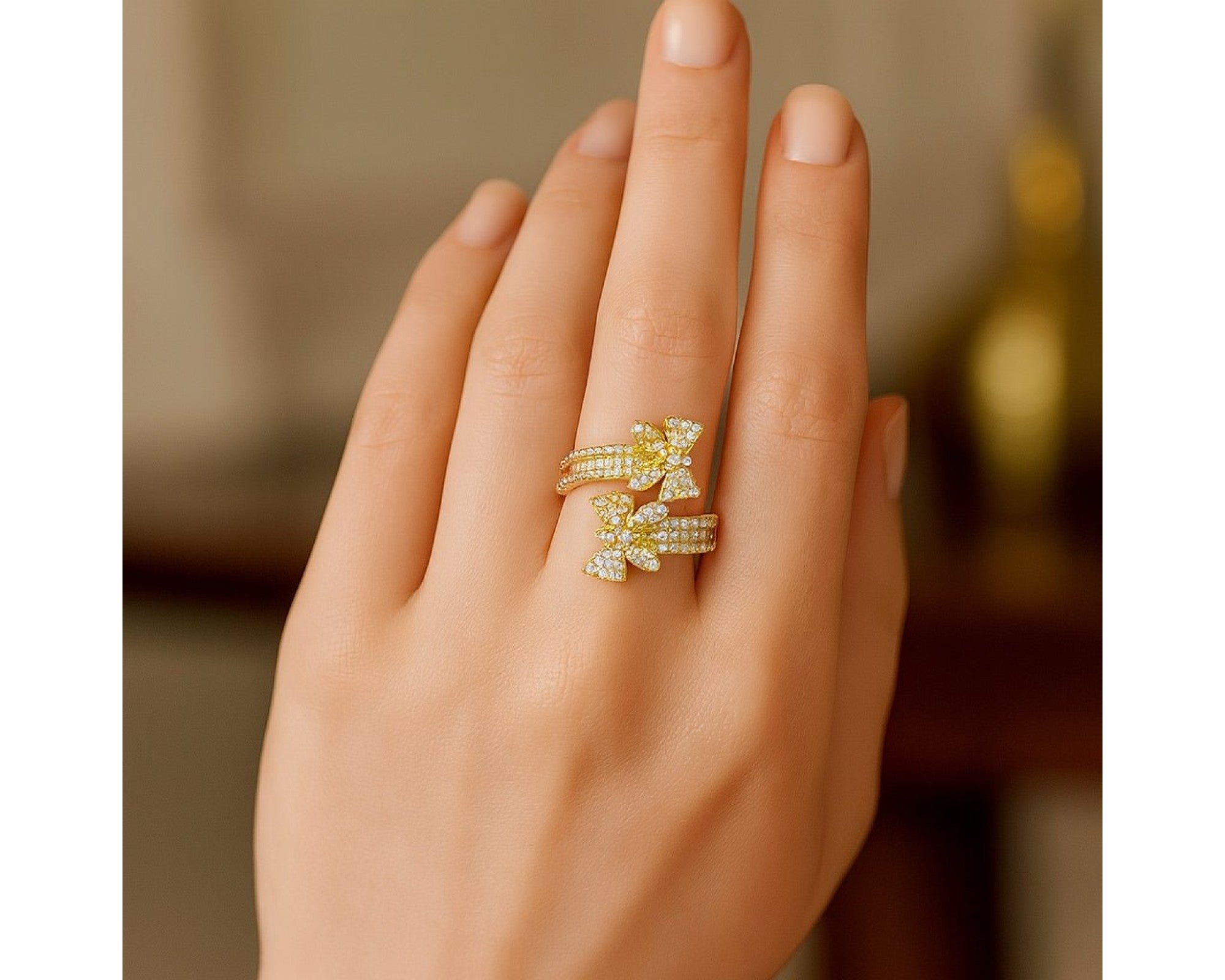 14k Gold Double-Butterfly Wrap Ring with Round & Baguette Diamonds 1.00ct – view 2