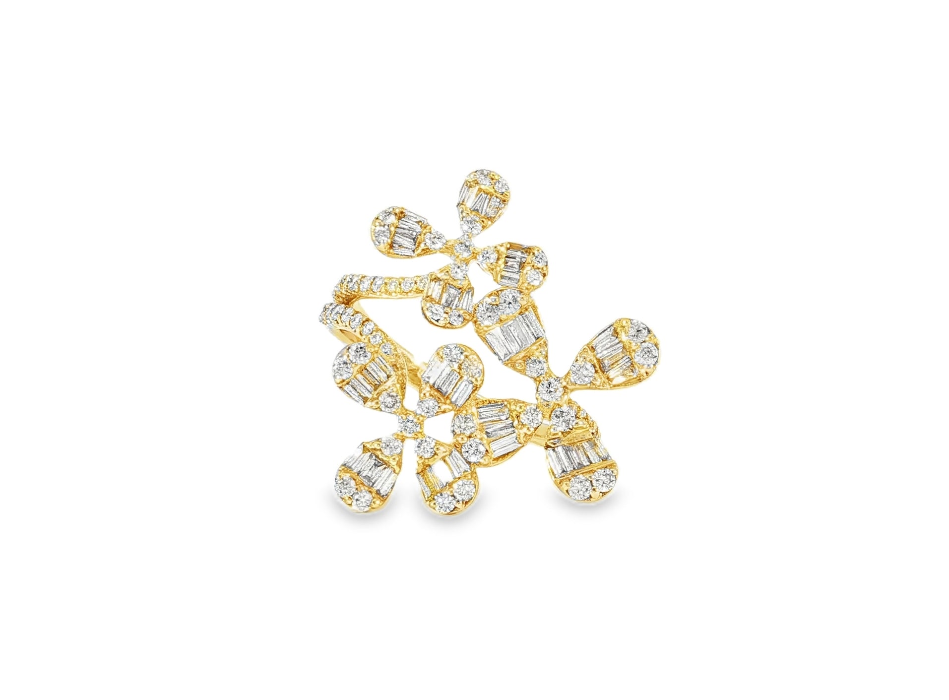 14k Gold Floral Diamond Ring with Baguette and Round Brilliant Cuts 1.35ct - AVI THE JEWELER