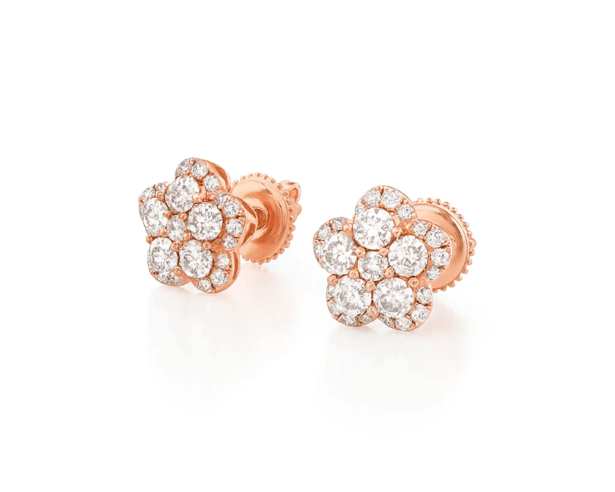 14K Gold Natural Diamond Flower Earrings Cluster Design 1.01 CT