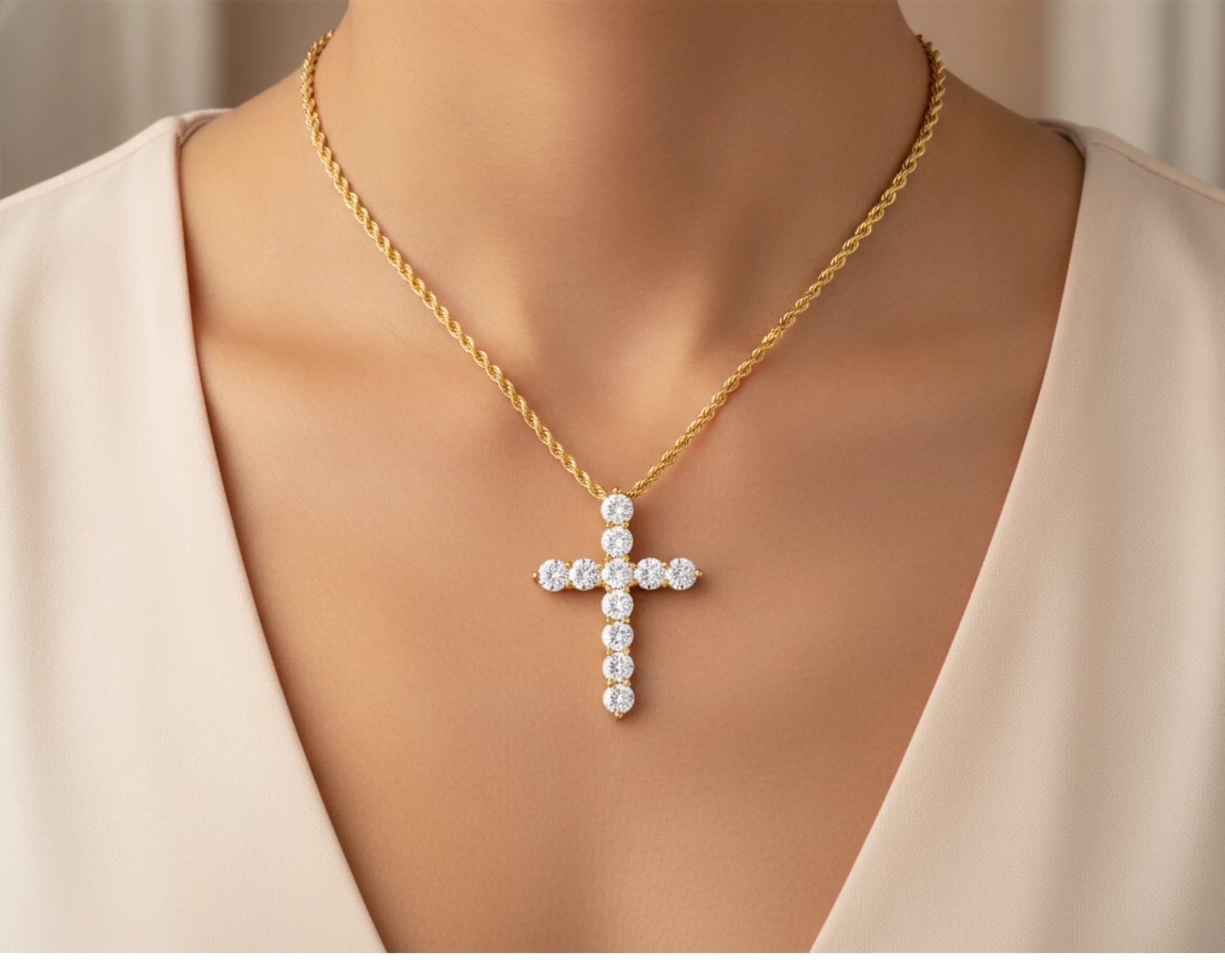 14K Gold Lab Ground Diamond Cross Pendant with Twisted Chain 5.01 CT – lifestyle 4849