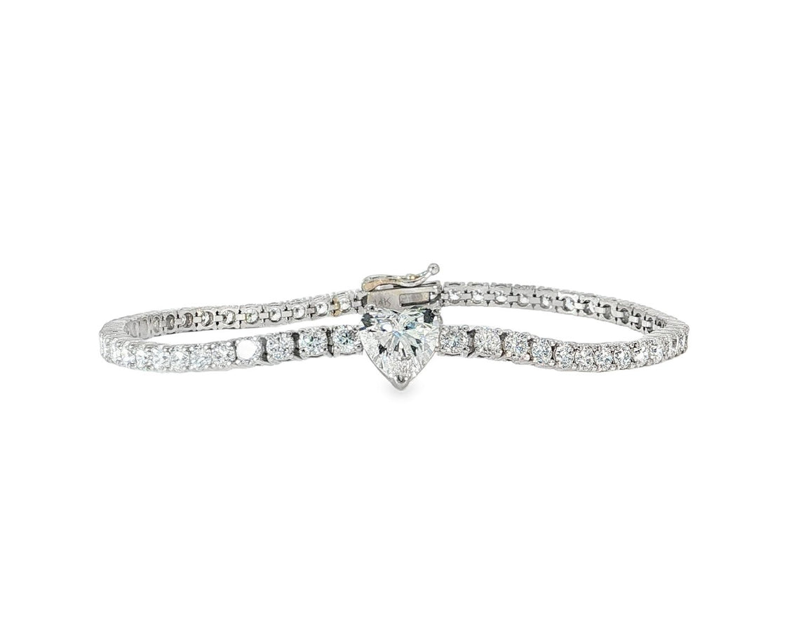 14k Gold Lab - Grown Diamond Tennis Bracelet with Heart - Shaped Center & Round - Cut Design 6.87ct - AVI THE JEWELER