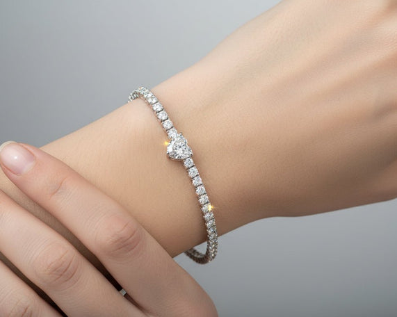 14k Gold Lab - Grown Diamond Tennis Bracelet with Heart - Shaped Center & Round - Cut Design 6.87ct - AVI THE JEWELER