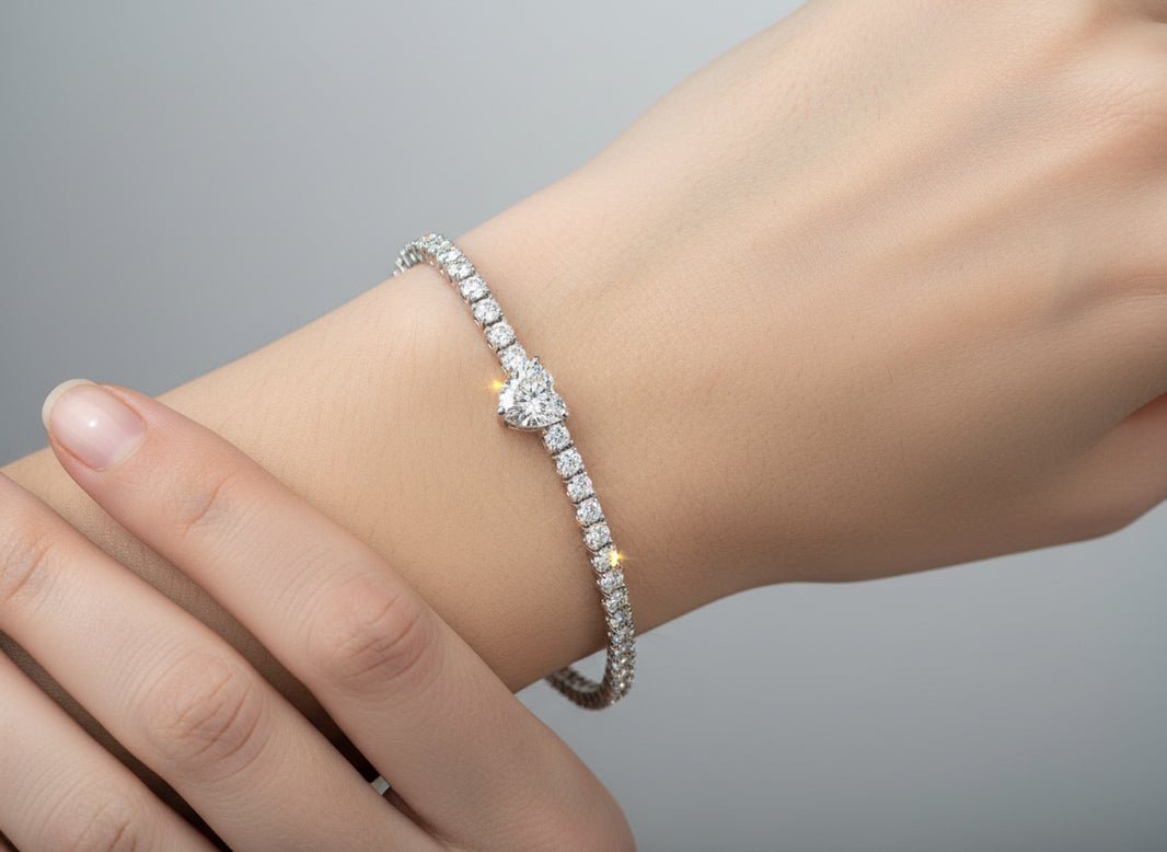 14k Gold Lab - Grown Diamond Tennis Bracelet with Heart - Shaped Center & Round - Cut Design 6.87ct - AVI THE JEWELER