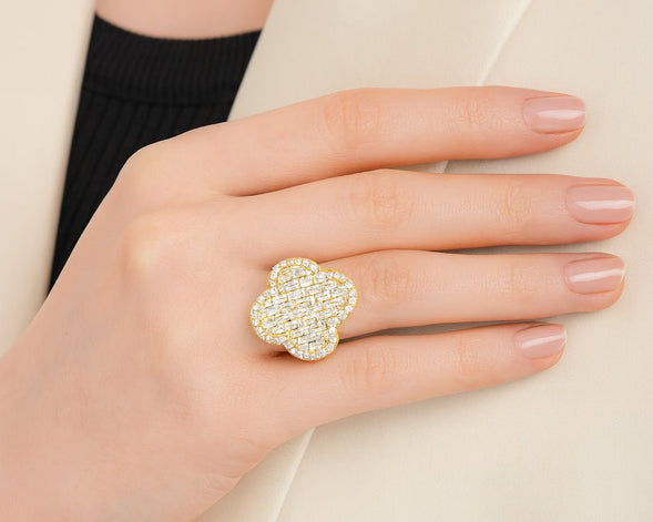 14k Gold Large Clover Ring with Baguette & Round Diamonds 6.01ct - AVI THE JEWELER