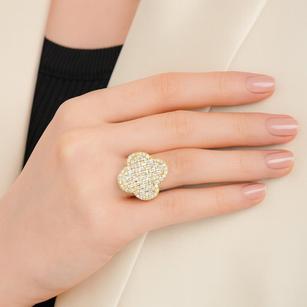 14k Gold Large Clover Ring with Baguette & Round Diamonds 6.01ct - AVI THE JEWELER