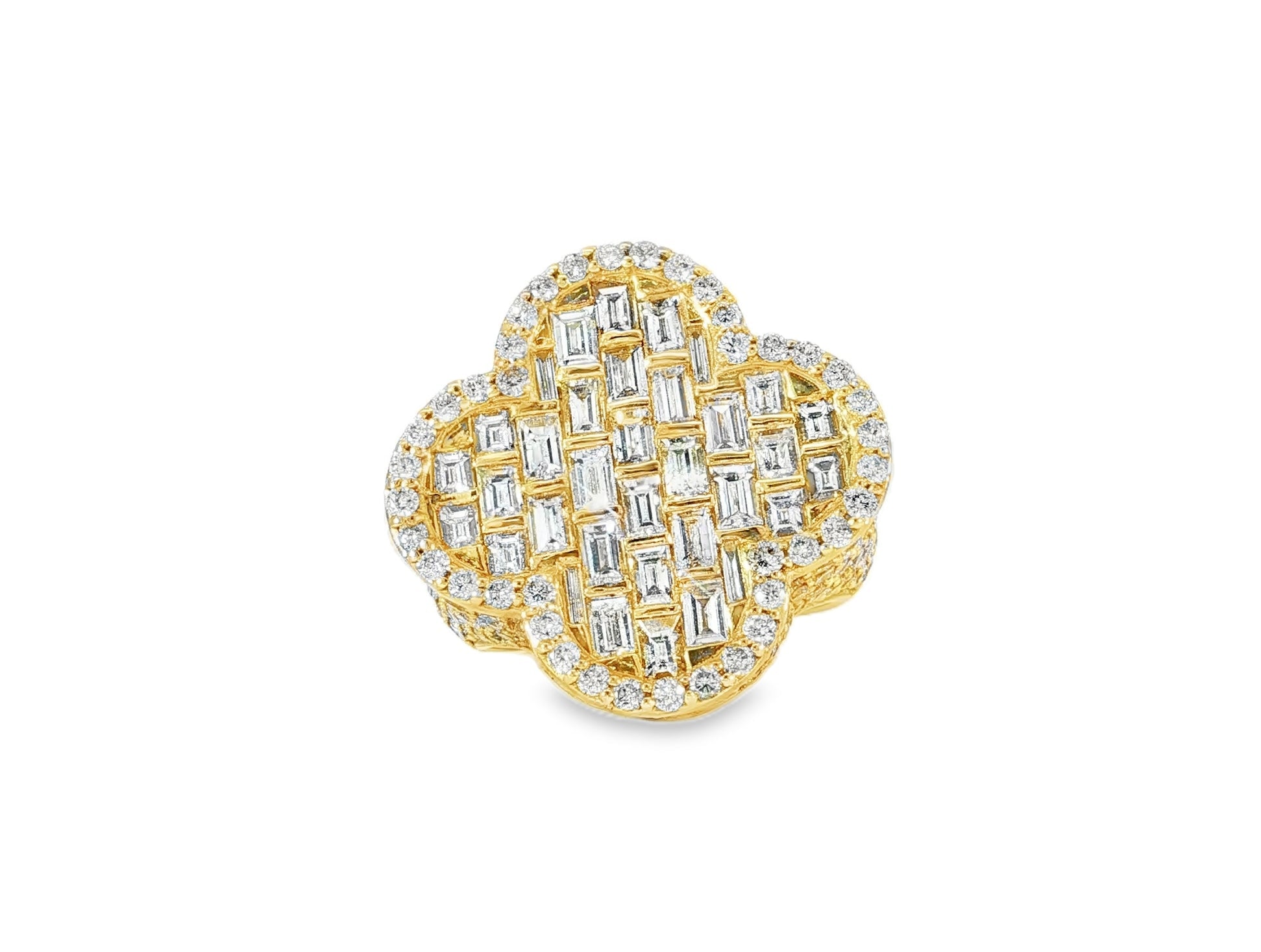 14k Gold Large Clover Ring with Baguette & Round Diamonds 6.01ct - AVI THE JEWELER