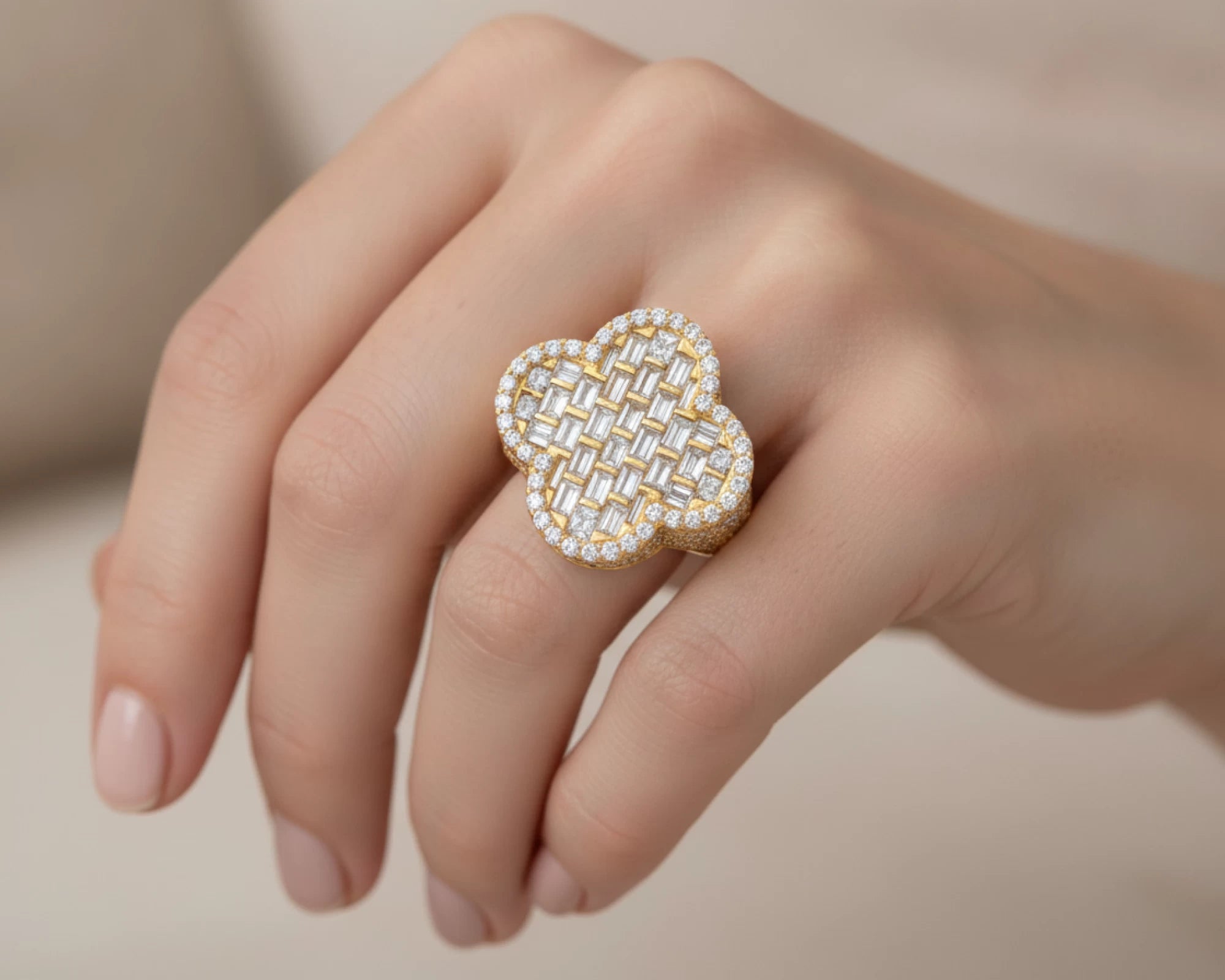 14k Gold Large Clover Ring with Baguette & Round Diamonds 6.01ct – lifestyle 1434