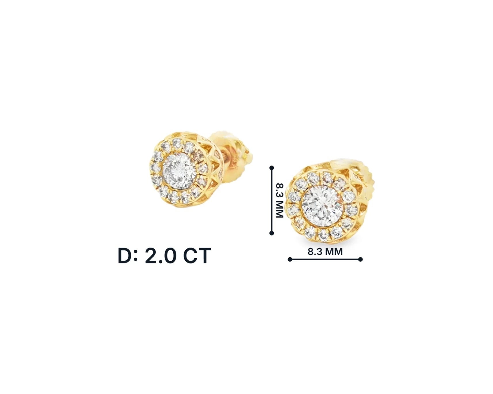 14K Gold Natural Diamond Earrings Halo Design 2.00 CT – front view