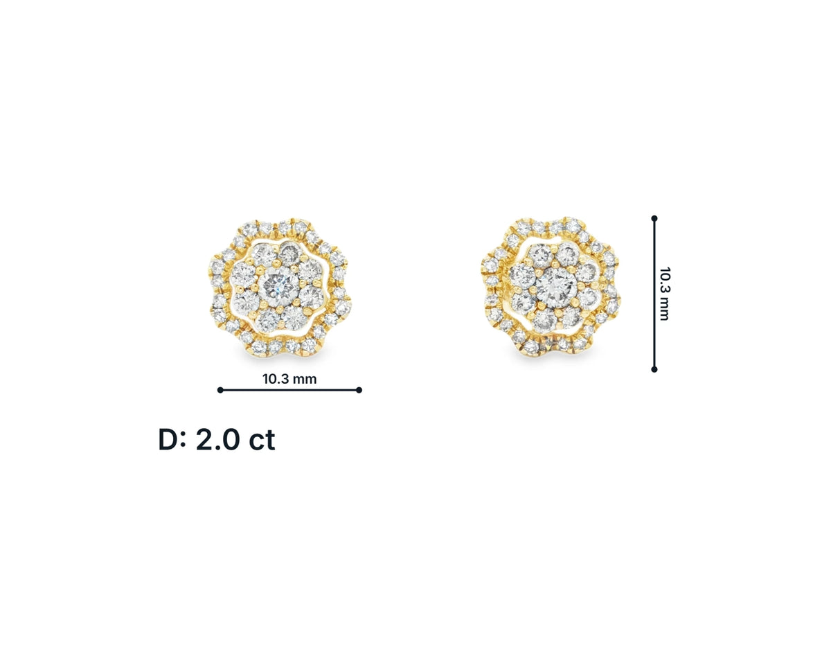 14K Gold Natural Diamond Floral Stud Earrings 2.00 CT – front view