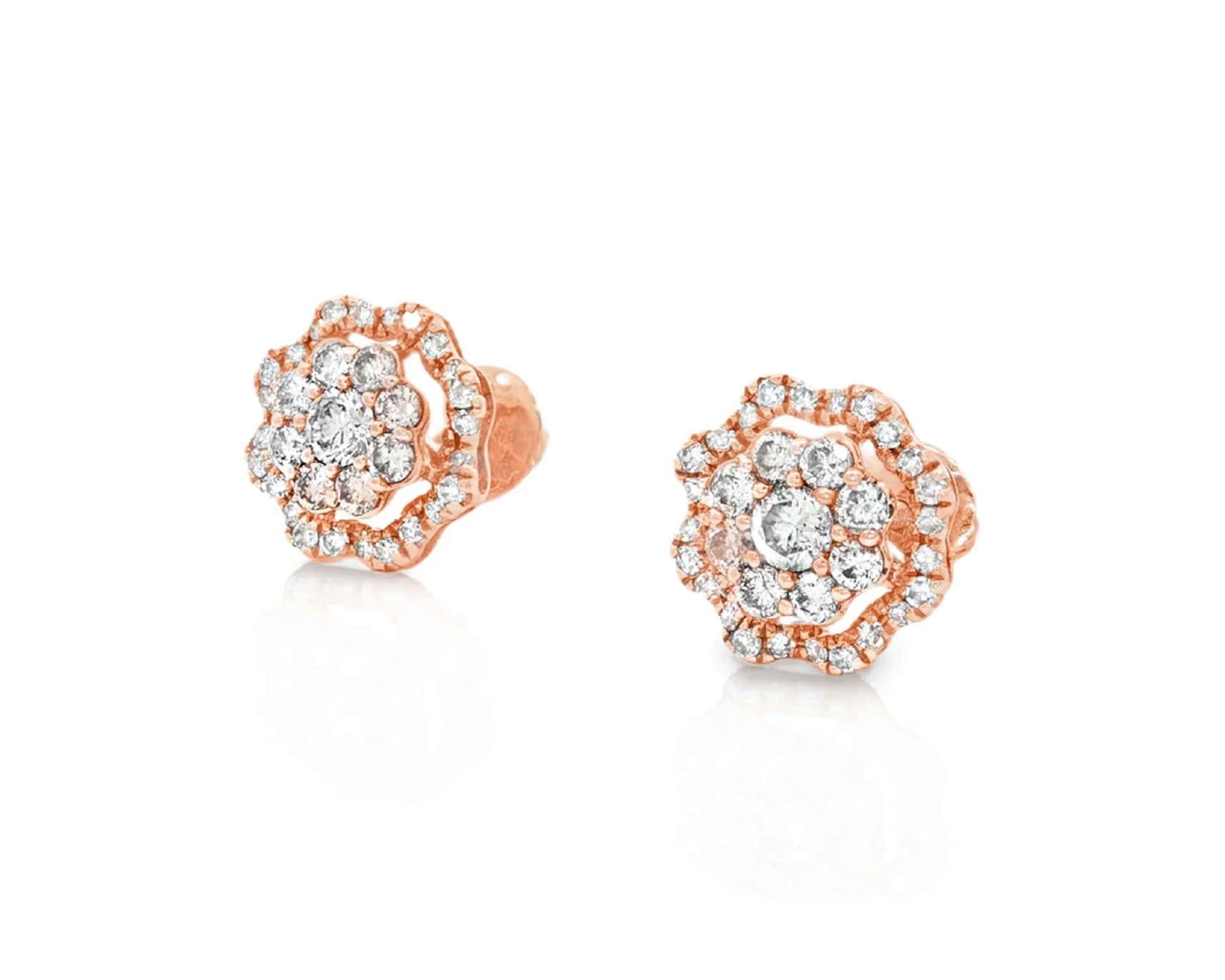 14K Gold Natural Diamond Floral Stud Earrings 2.00 CT