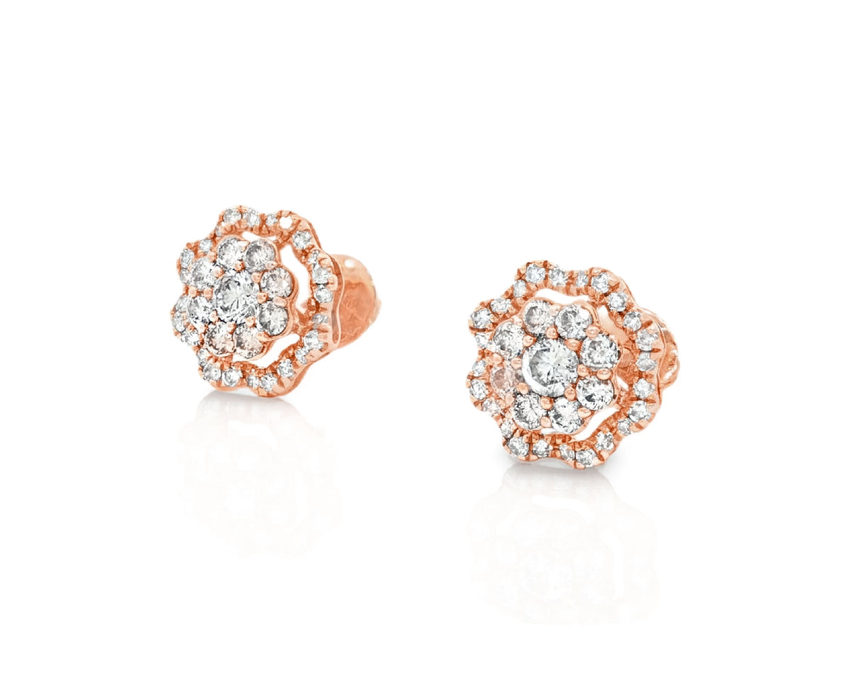 14K Gold Natural Diamond Floral Stud Earrings 2.00 CT