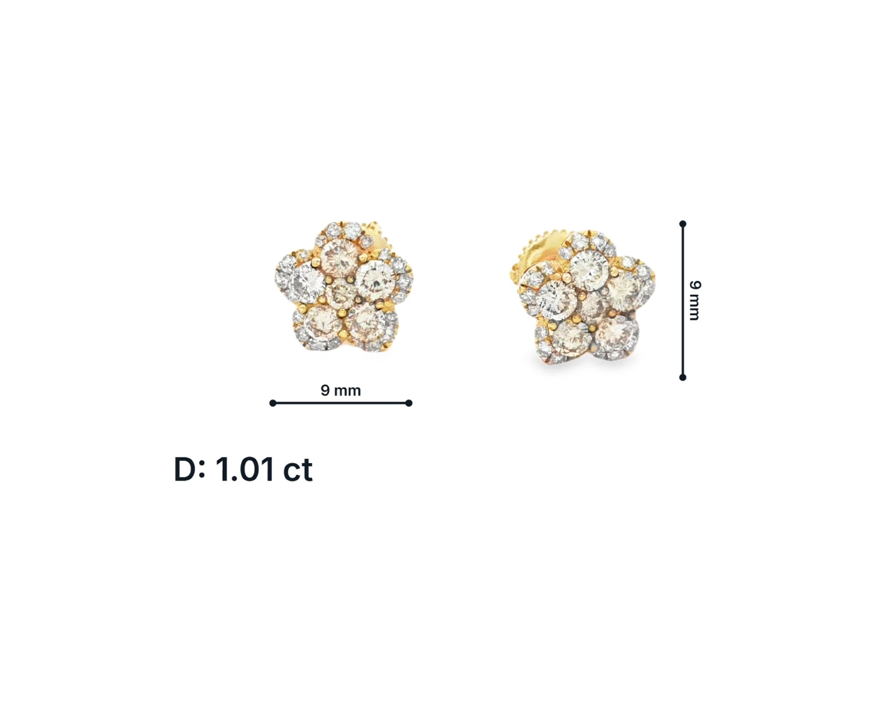 14K Gold Natural Diamond Flower Earrings Cluster Design 1.01 CT – front view