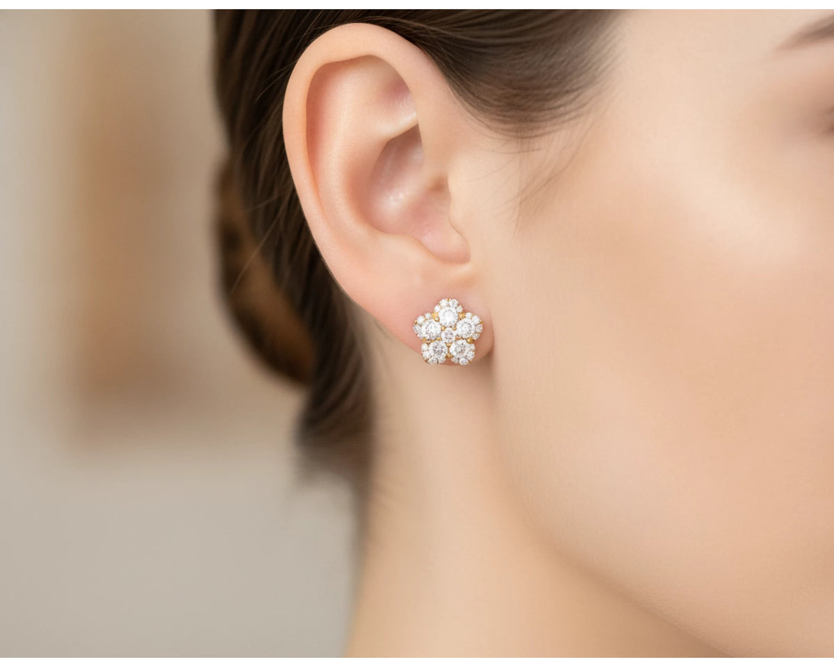 14K Gold Natural Diamond Flower Earrings Cluster Design 1.01 CT – lifestyle 4927